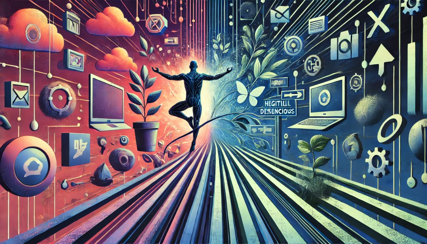 Imagem impactante que representa os desafios da nomofobia na era digital, destacando a importância de práticas saudáveis no uso da tecnologia.