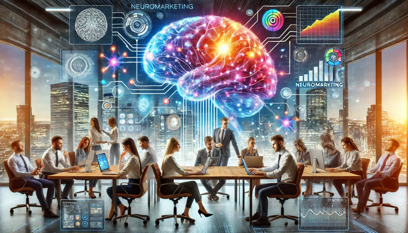 Imagem ultrarrealista e impactante ilustrando uma equipe diversa trabalhando em um escritório moderno, com elementos de atividade cerebral e conexões neurais integrados na cena. O fundo inclui interfaces digitais e visualizações de dados, destacando a abordagem inovadora e científica do neuromarketing. Cores vibrantes e uma composição dinâmica enfatizam o poder transformador do neuromarketing na melhoria da colaboração em equipe.