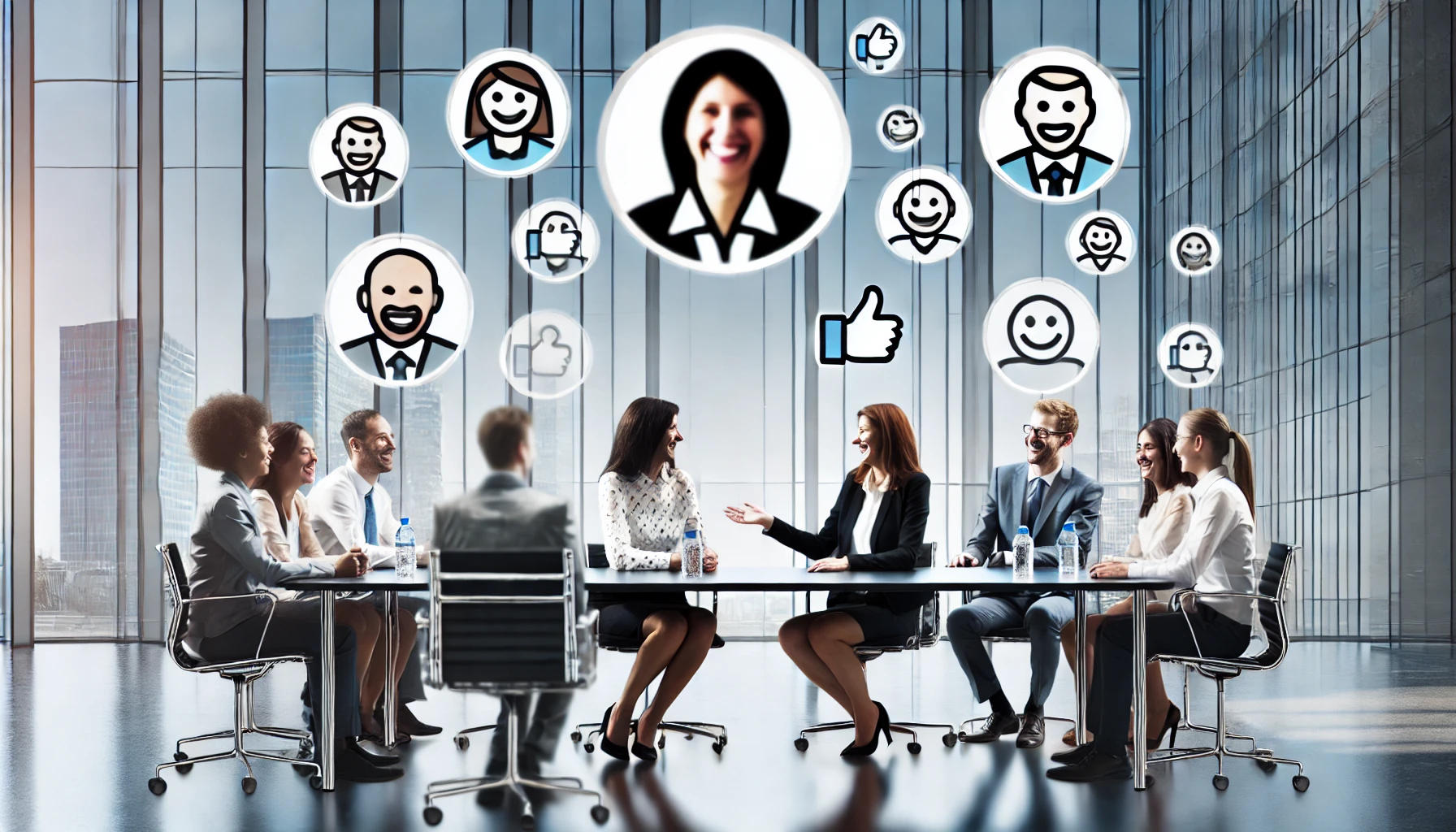 Imagem corporativa de alto impacto mostrando um grupo diverso de profissionais em um escritório moderno, engajados em um diálogo aberto e positivo ao redor de uma grande mesa. A cena inclui rostos sorridentes, acenos de cabeça e linguagem corporal aberta, destacando respeito mútuo e colaboração. O fundo possui paredes de vidro e uma decoração de escritório moderna com uma paleta de cores profissionais em tons de azul e cinza.