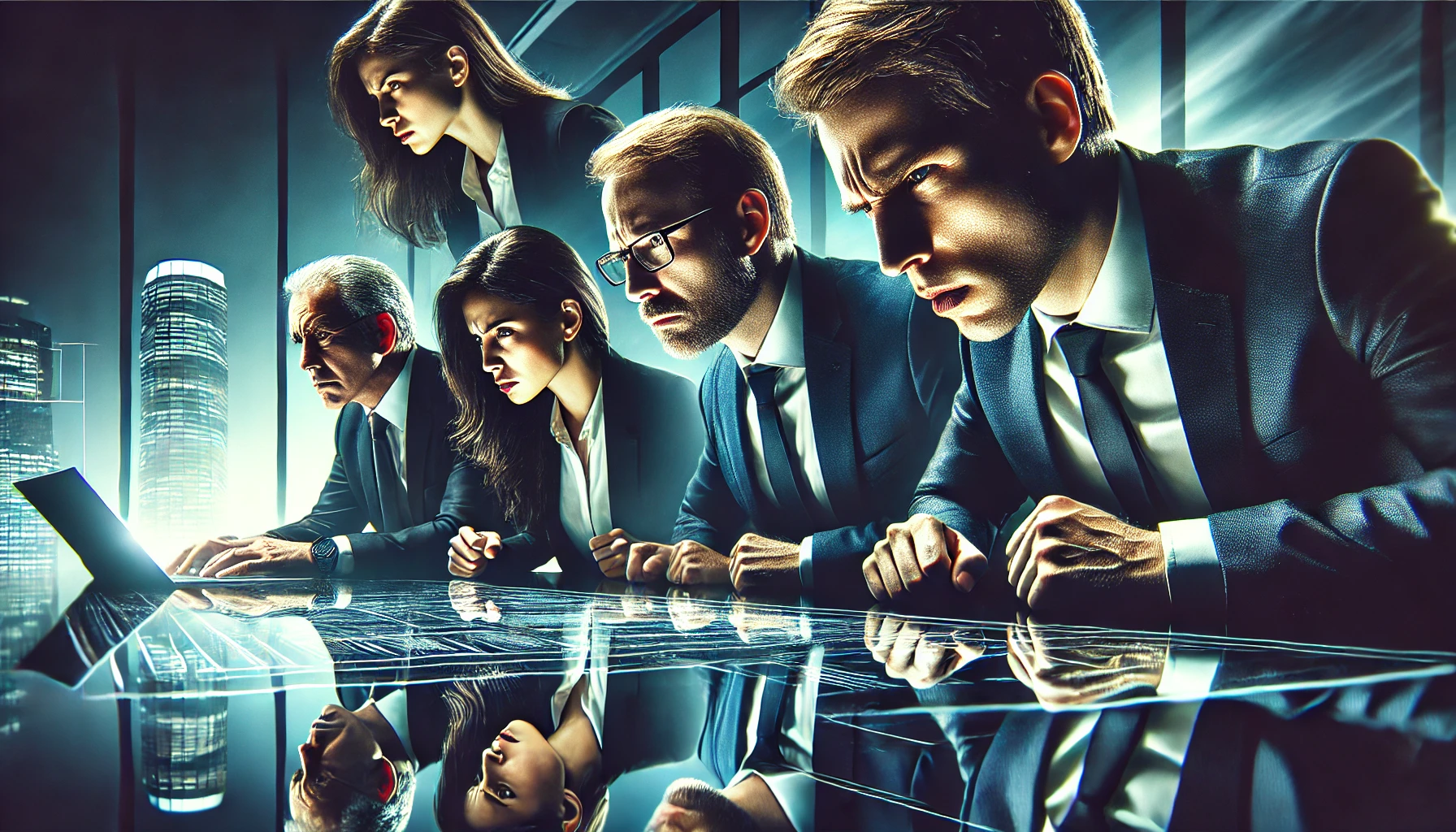 Imagem retangular em close-up de profissionais em um ambiente corporativo moderno, mostrando expressões intensas de frustração, determinação e desengajamento. A iluminação dramática e o contraste nítido destacam as emoções. No fundo, há elementos como a borda de uma mesa de vidro e fragmentos de equipamentos de alta tecnologia.