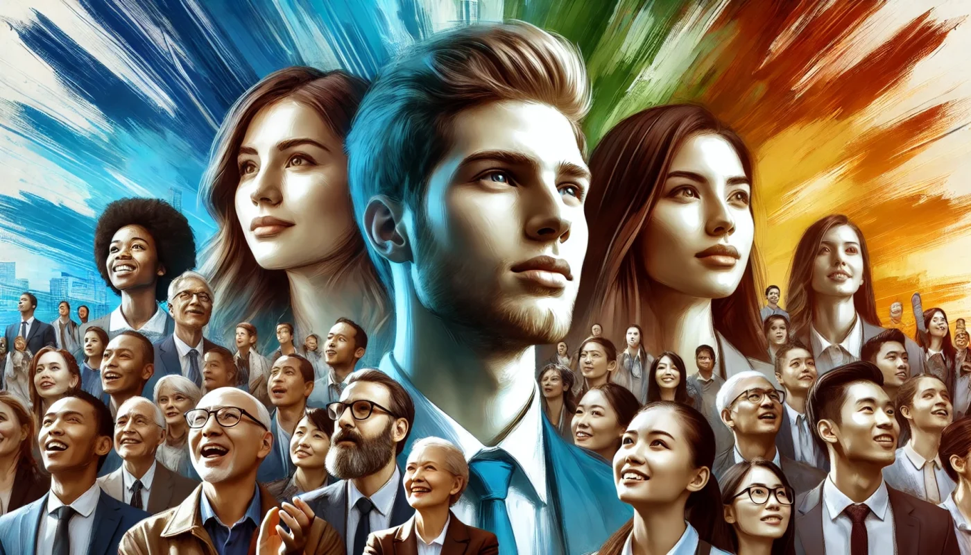 Close-up de um grupo diverso de pessoas, incluindo estudantes, profissionais corporativos e líderes do terceiro setor, todos com expressões de inspiração e engajamento, simbolizando a importância do protagonismo nos negócios.