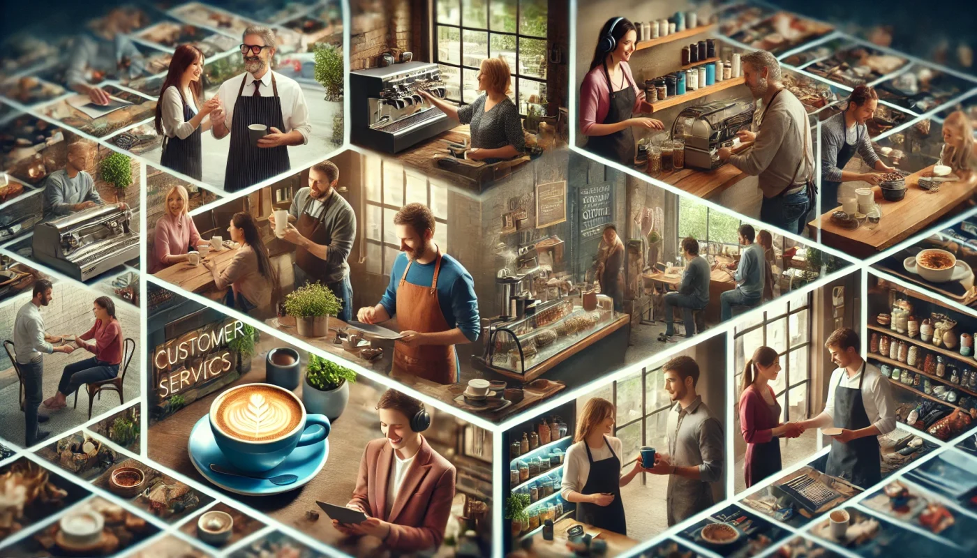 Pessoas diversas em situações cotidianas, como um lojista interagindo com um cliente, um barista preparando café e um representante de atendimento ao cliente ajudando um cliente, destacando a centralidade do cliente.