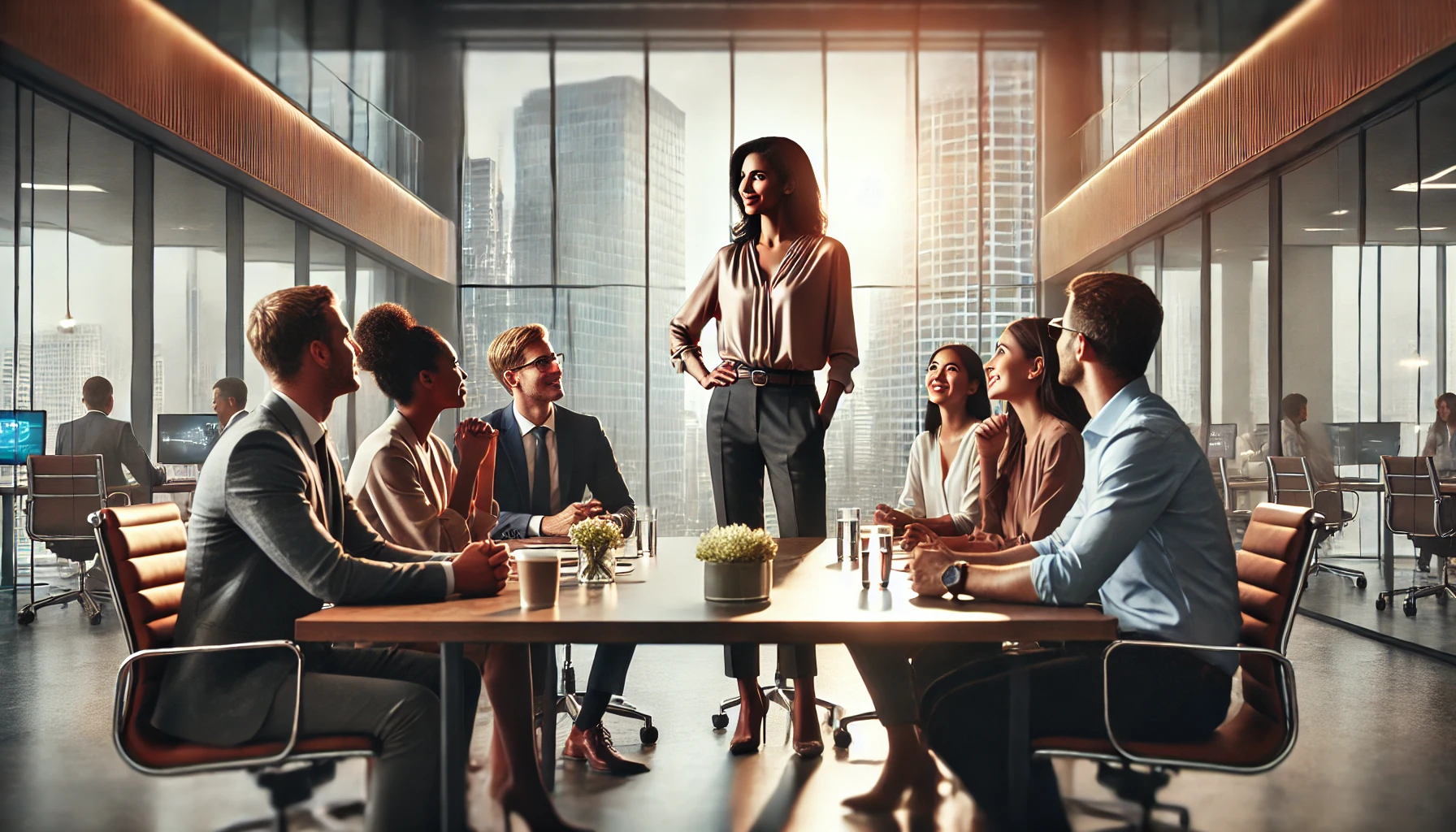 Imagem cinematográfica de close-up mostrando uma equipe diversa de profissionais em um escritório moderno, engajados em uma discussão animada ao redor de uma mesa de conferência. No centro, uma mulher confiante lidera a conversa. A cena destaca suas expressões e linguagem corporal, enfatizando colaboração, positividade e a aplicação dos quatro pilares da felicidade (autoamor, merecimento, confiança e poder interno). O escritório é iluminado com luz natural, com grandes janelas mostrando uma paisagem urbana ao fundo.