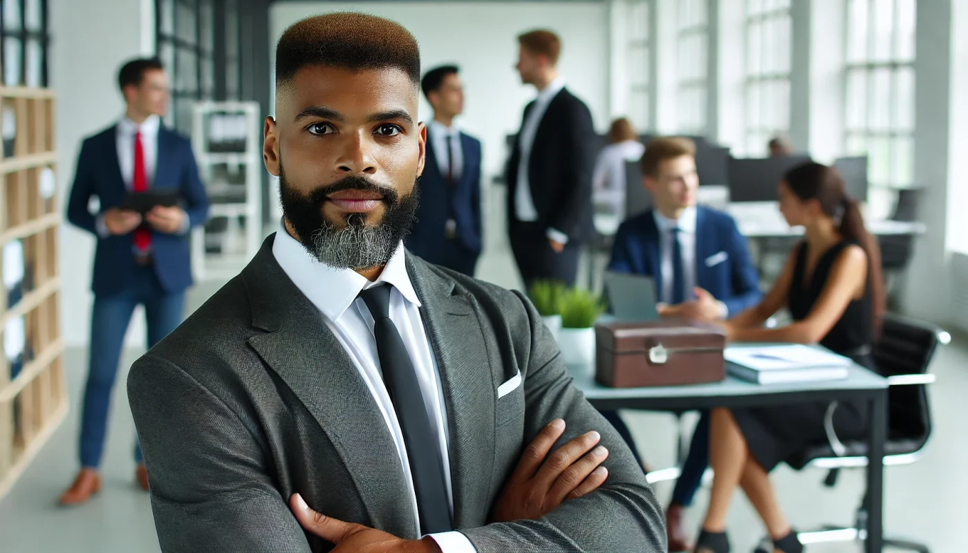 Uma cena corporativa profissional apresentando um homem negro, um pouco acima do peso, com cavanhaque e cabelo raspado nas laterais. Ele está vestido com roupas formais de negócios e está de pé confiantemente em um escritório moderno. Ao fundo, há outros colegas de trabalho, criando um ambiente ocupado e colaborativo.