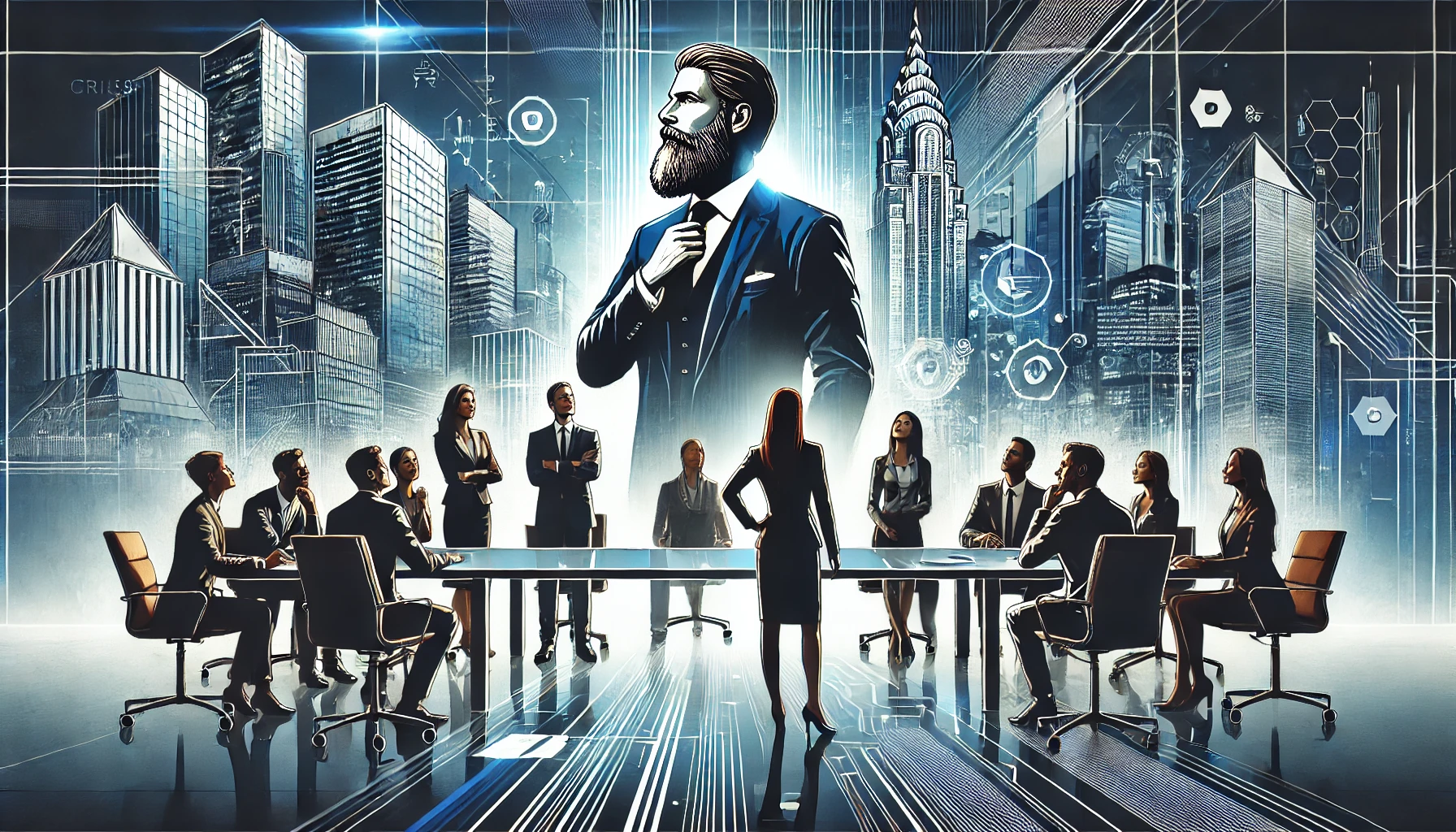 Imagem retangular destacando um líder forte e confiante à frente de um grupo de profissionais em um escritório moderno, simbolizando a liderança em tempos de crise. O líder é calmo e inspirador, enquanto os profissionais mostram preocupação e determinação. No fundo, há uma mesa de vidro, gadgets de alta tecnologia e uma vista urbana com arranha-céus.