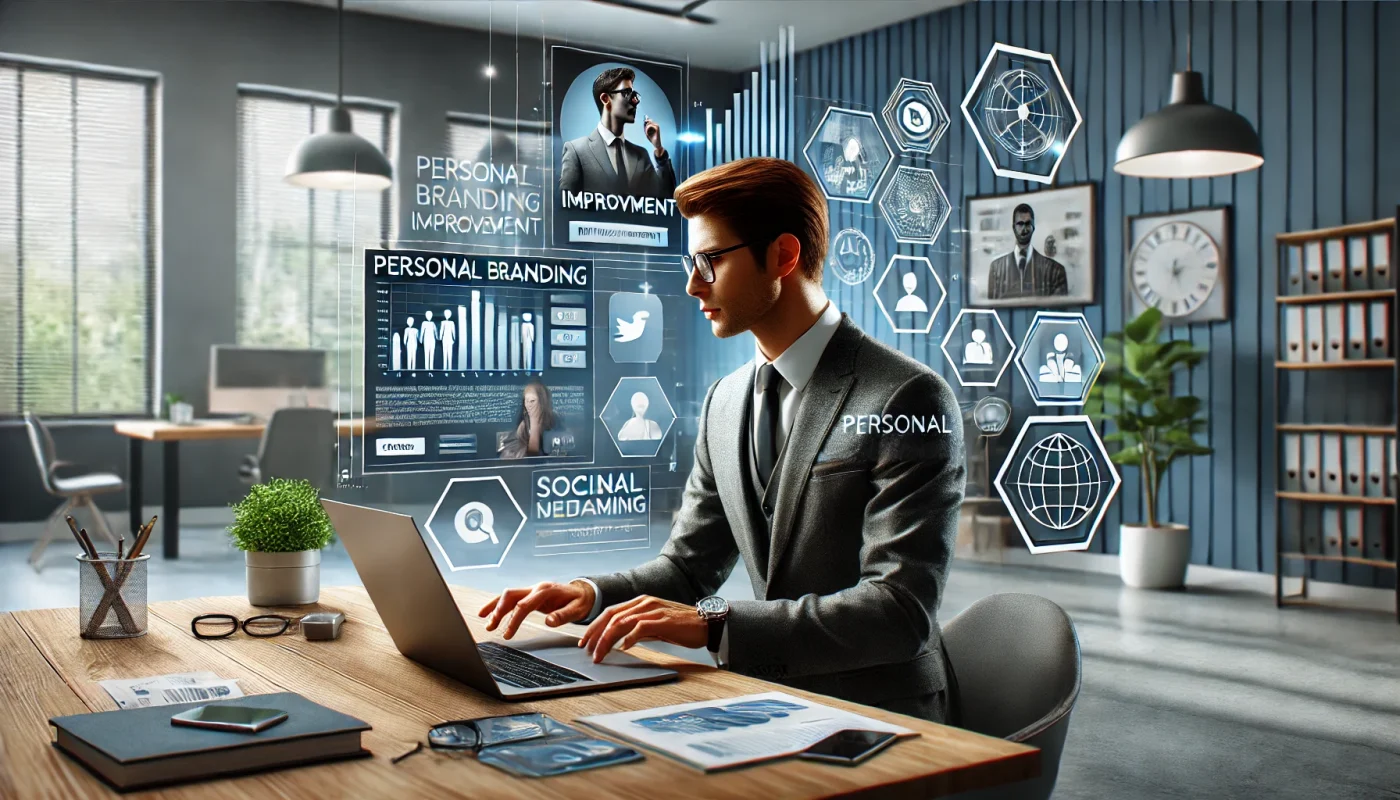 Imagem realista de alto impacto mostrando um profissional em um ambiente de escritório moderno, trabalhando em seu laptop com elementos como um site pessoal, perfis de mídia social e materiais de branding visíveis na tela. O profissional está bem-vestido, confiante e engajado. O fundo inclui pôsteres motivacionais e uma decoração profissional, com uma paleta de cores em tons de azul, cinza e branco.
