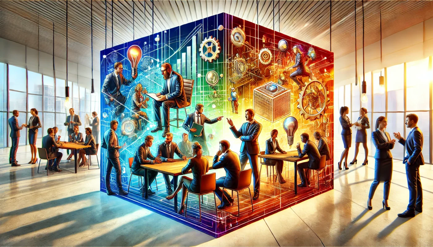 Grupo diversificado de líderes em um ambiente de escritório moderno, colaborando e discutindo ideias, simbolizando comunicação, trabalho em equipe, inovação e integridade.