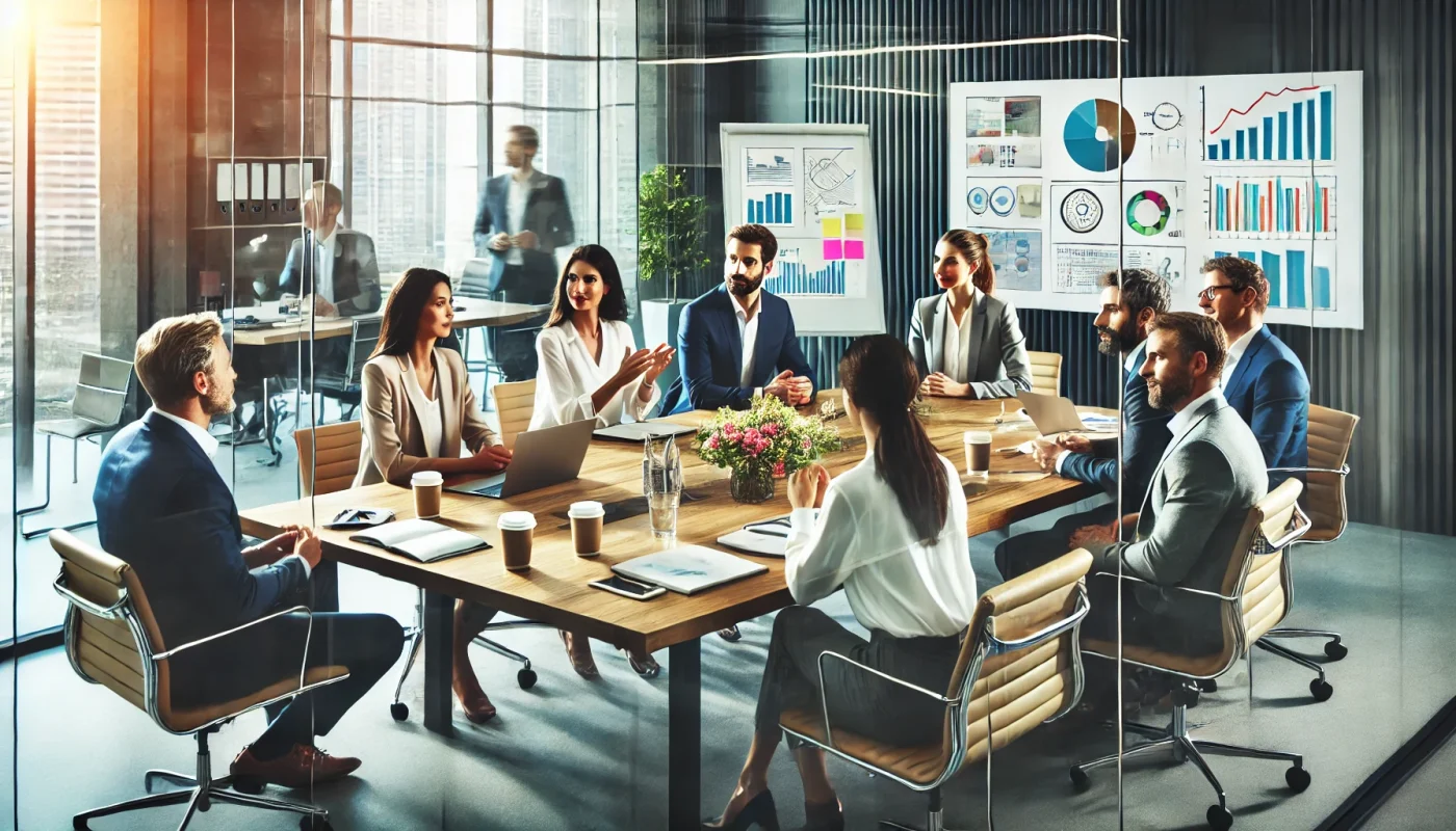 Uma equipe diversa de profissionais participando de uma reunião colaborativa em uma sala de conferências moderna. A sala tem paredes de vidro, uma mesa grande com laptops, documentos e xícaras de café. A equipe parece engajada e positiva, discutindo ativamente. Elementos visuais como um quadro branco com marcadores coloridos, notas adesivas e gráficos estão visíveis. O ambiente é profissional e acolhedor, indicando comunicação eficaz e trabalho em equipe.