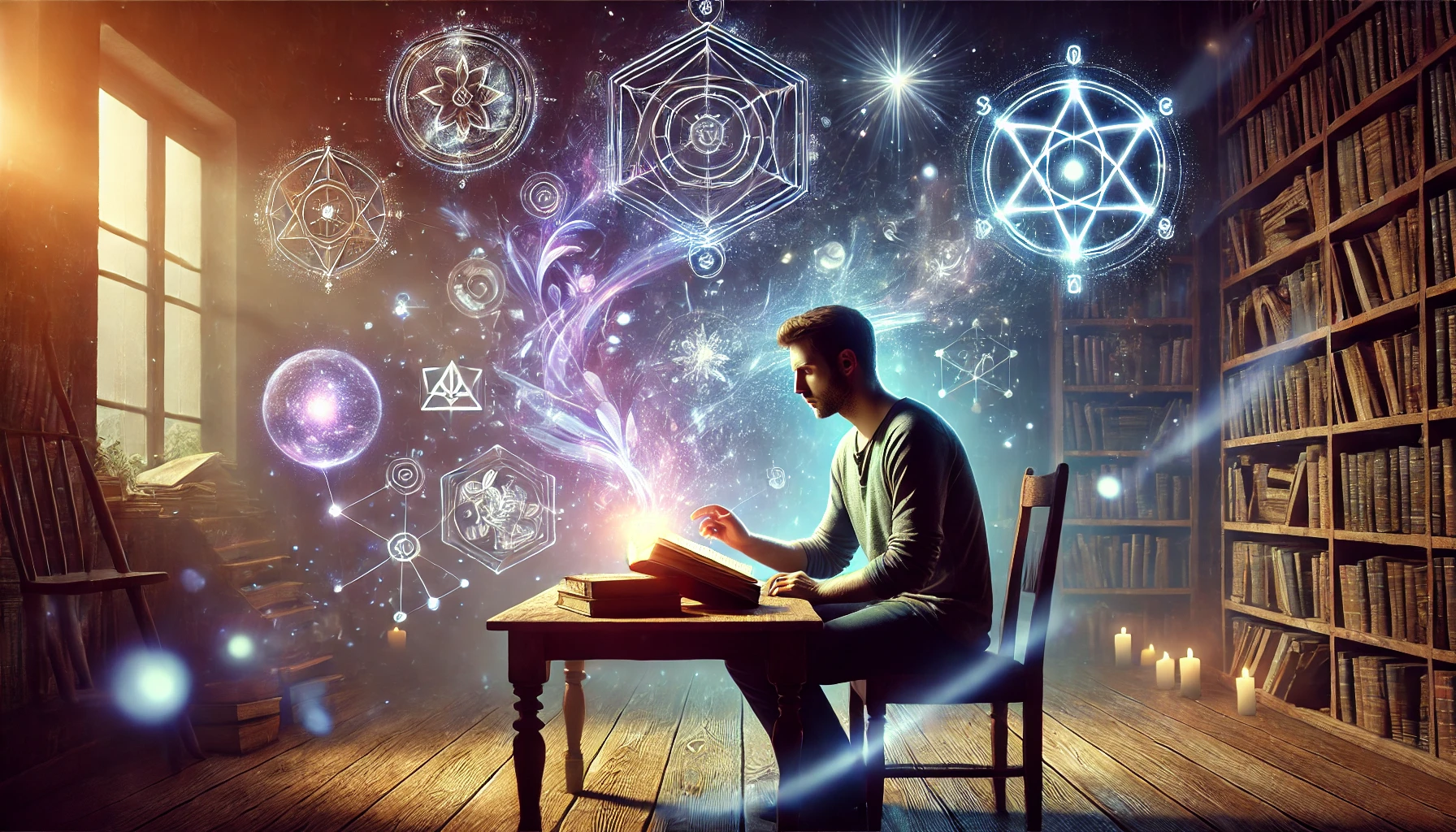 Imagem hiper-realista de uma pessoa sentada em uma mesa de madeira, concentrada em um livro antigo com páginas brilhantes, cercada por símbolos etéreos e formas abstratas em uma sala aconchegante e suavemente iluminada