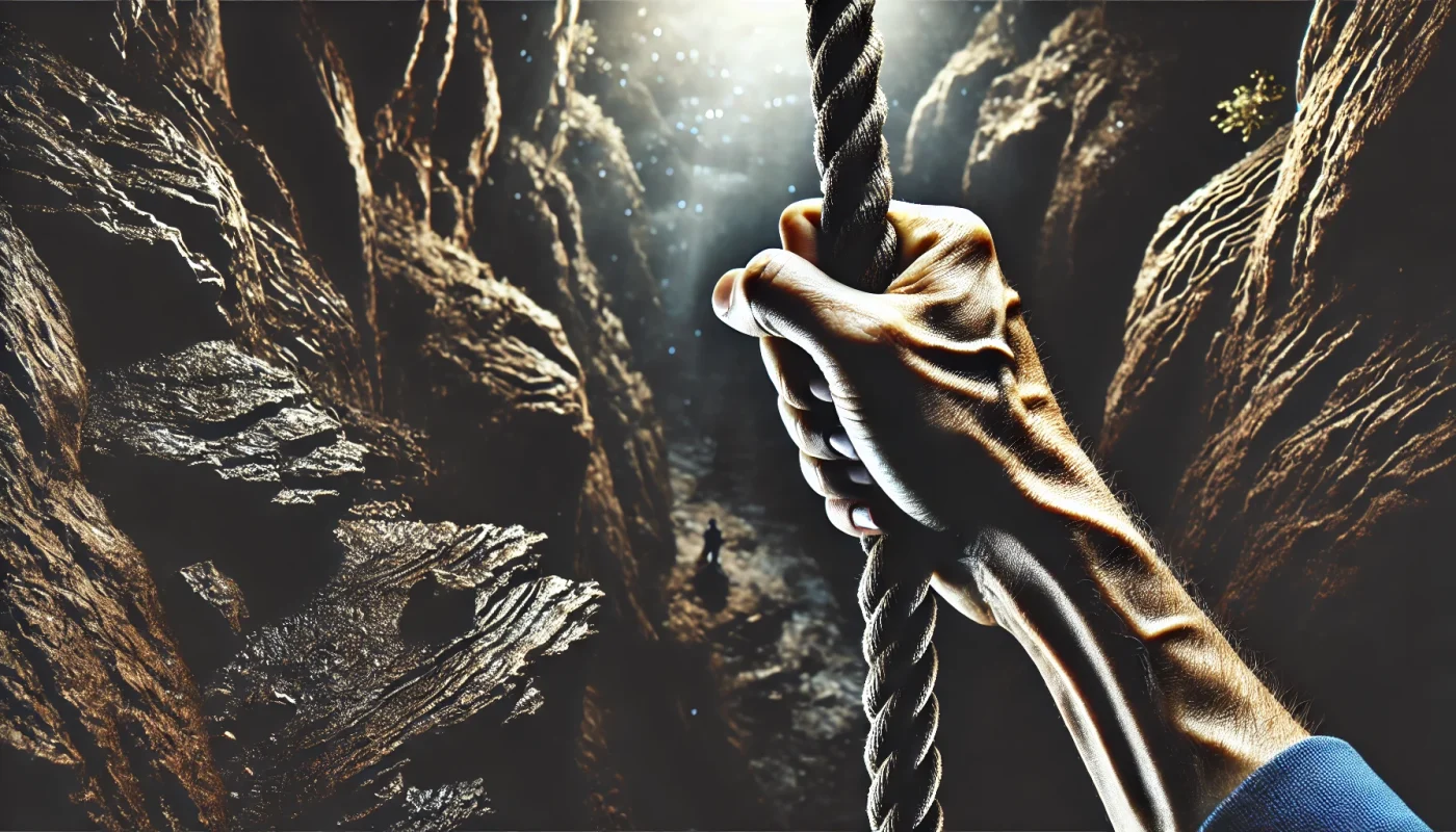 Close-up de uma mão segurando firmemente uma corda, com veias salientes, representando força e determinação.