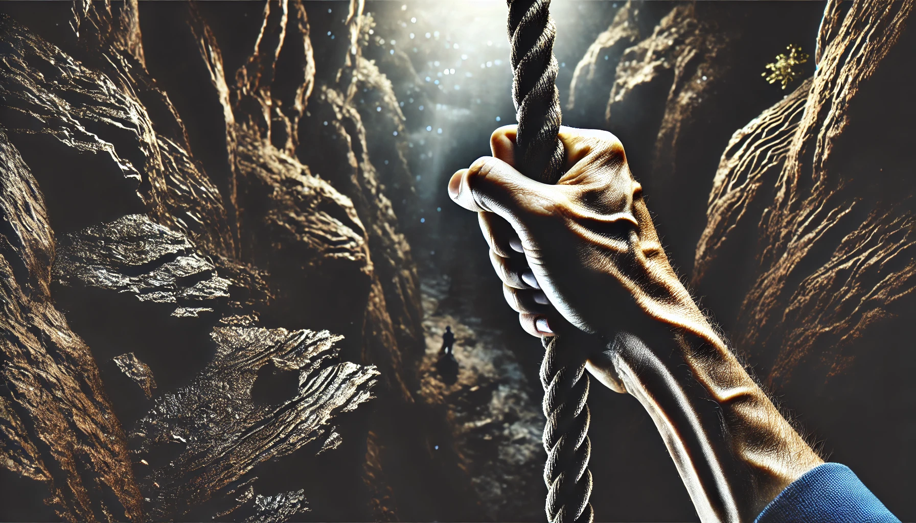 Close-up de uma mão segurando firmemente uma corda, com veias salientes, representando força e determinação.