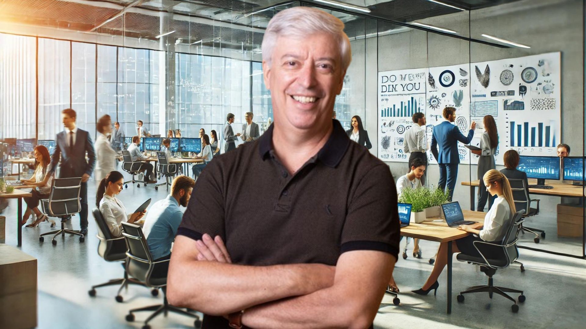 Um ambiente de escritório colaborativo e moderno, com funcionários diversos trabalhando juntos em um espaço aberto e iluminado. Há paredes de vidro, móveis ergonômicos e telas digitais exibindo dados. Equipes estão engajadas em sessões de brainstorming e indivíduos usando laptops e tablets. O ambiente é energético e focado, refletindo inovação e crescimento.