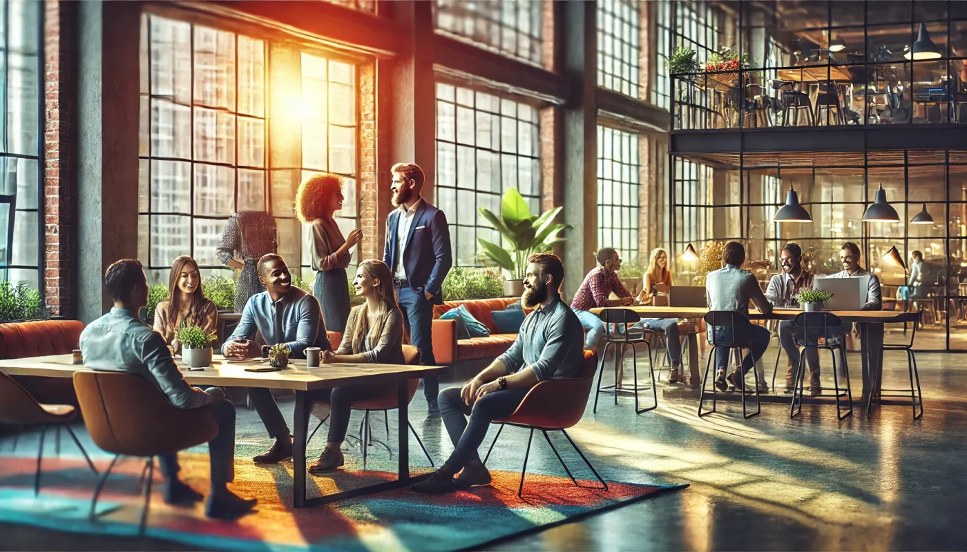 Imagem cinematográfica em close de um ambiente de trabalho moderno e vibrante, com uma equipe diversa de profissionais sorrindo e interagindo em um espaço acolhedor e bem iluminado. A cena inclui janelas grandes que deixam entrar luz natural, plantas e móveis contemporâneos, criando uma atmosfera harmoniosa e feliz.