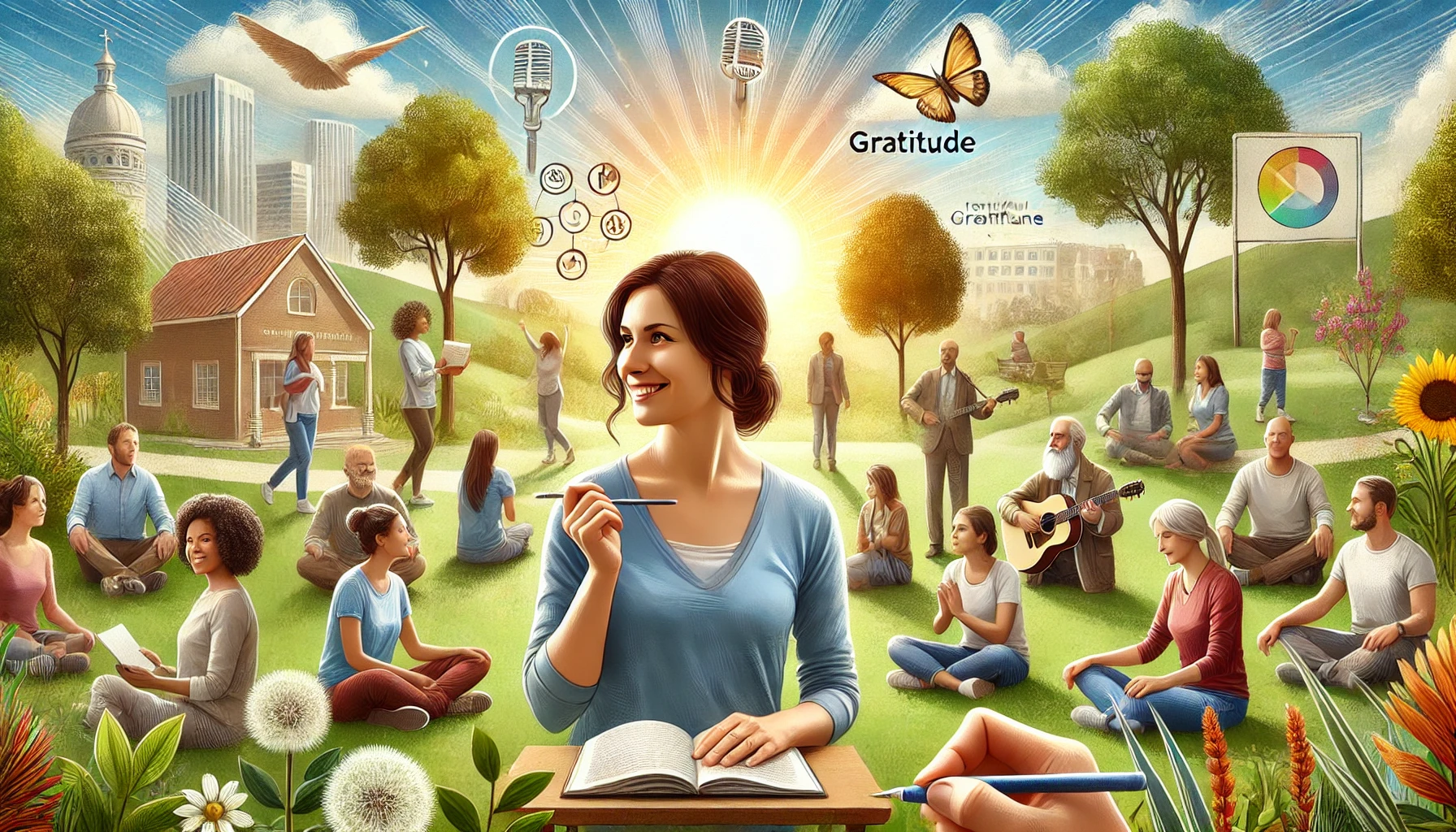 Arte digital que ilustra a psicologia positiva. No centro, Izabel Ribeiro, palestrante, engaja uma pequena plateia em um parque. Ao redor, pessoas diversas praticam gratidão, conversam e participam de atividades de voluntariado, destacando um ambiente de bem-estar e felicidade.
