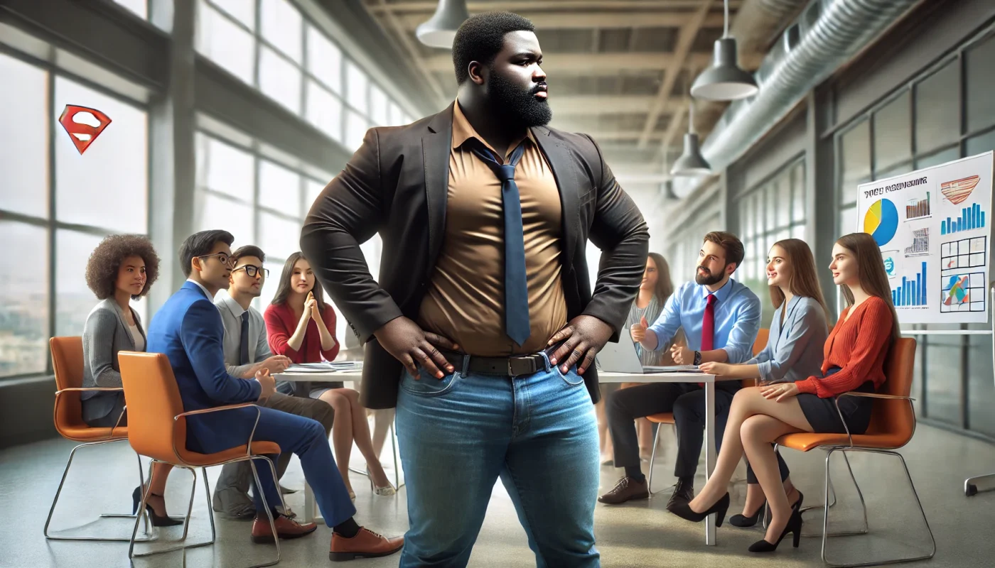 Um homem negro, de cavanhaque e um pouco acima do peso, liderando uma equipe diversificada em um escritório moderno. A equipe está envolvida em uma discussão colaborativa, trabalhando em um propósito comum, com um ambiente dinâmico e inspirador.