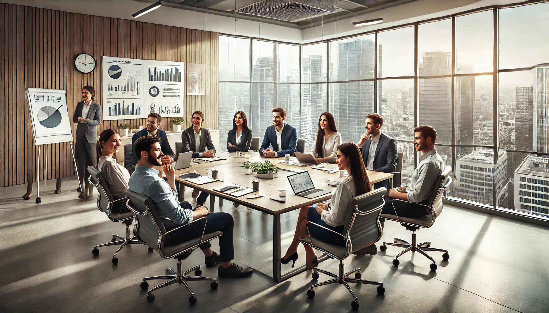 Grupo de funcionários de escritório discutindo de forma colaborativa ao redor de uma mesa de conferência em um ambiente moderno e bem iluminado.
