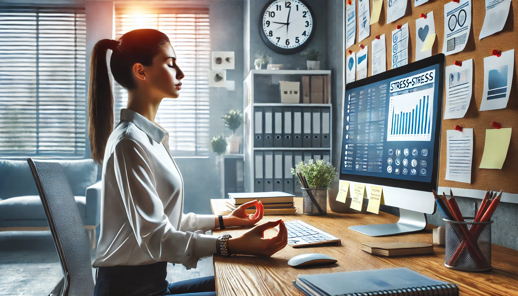 Profissional em um escritório moderno, sentado à mesa, praticando exercícios de respiração para alívio de estresse, cercado por um espaço de trabalho organizado com elementos que sugerem alta pressão, como um computador com várias abas abertas, notas adesivas e um relógio mostrando uma agenda ocupada.