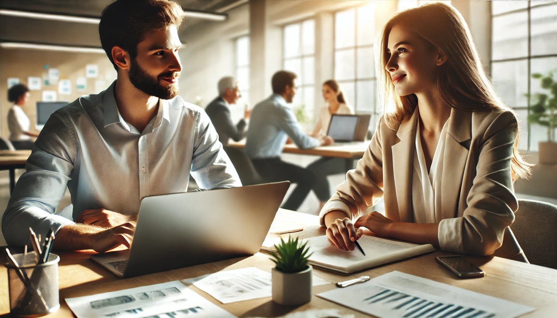 Close-up de dois profissionais em um escritório moderno discutindo trabalho de maneira relaxada e positiva. Eles estão sentados em uma mesa organizada com laptops, documentos e uma pequena planta. A luz natural suave cria um ambiente calmo e produtivo, com outros funcionários trabalhando pacificamente ao fundo.