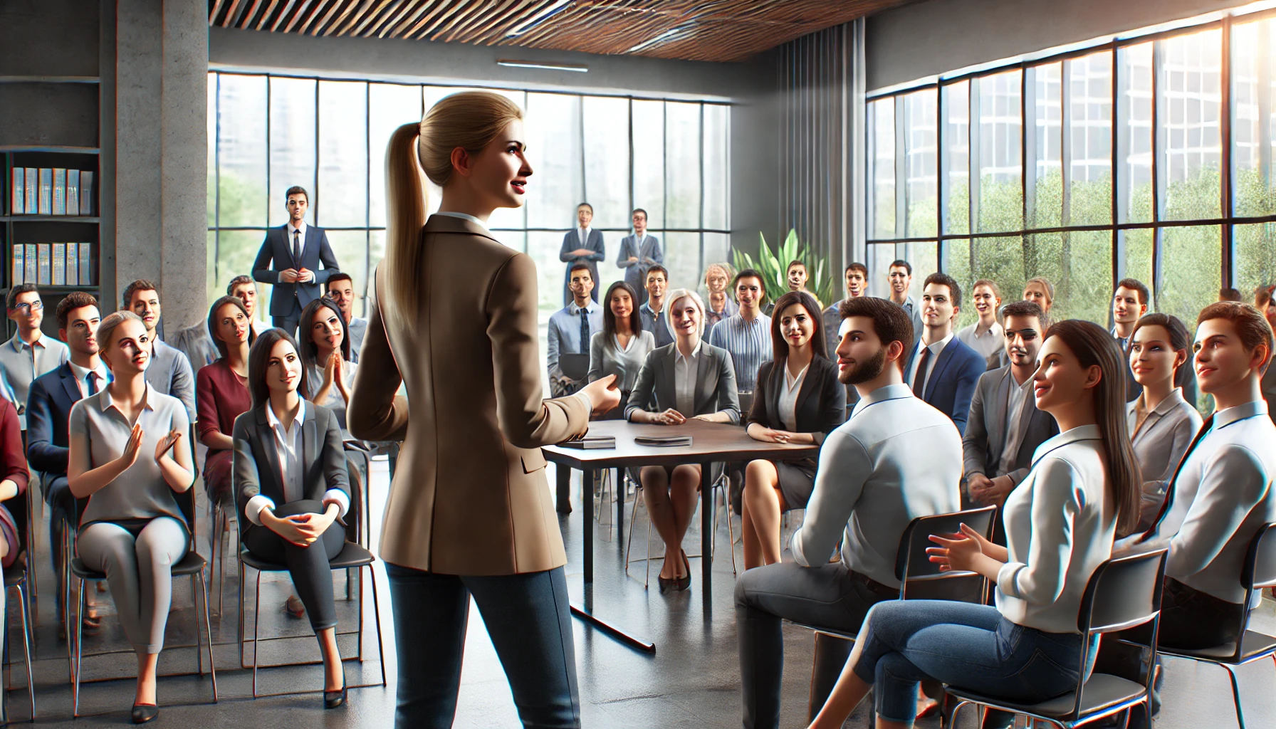 Uma cena realista mostrando uma líder confiante dando uma palestra motivacional para uma equipe diversificada em uma sala de conferências moderna. A líder está na frente, gesticulando dinamicamente enquanto a equipe, composta por pessoas de várias idades e origens, está atenta e entusiasmada. O ambiente é iluminado por luz natural com grandes janelas e plantas, criando uma atmosfera positiva e inspiradora.