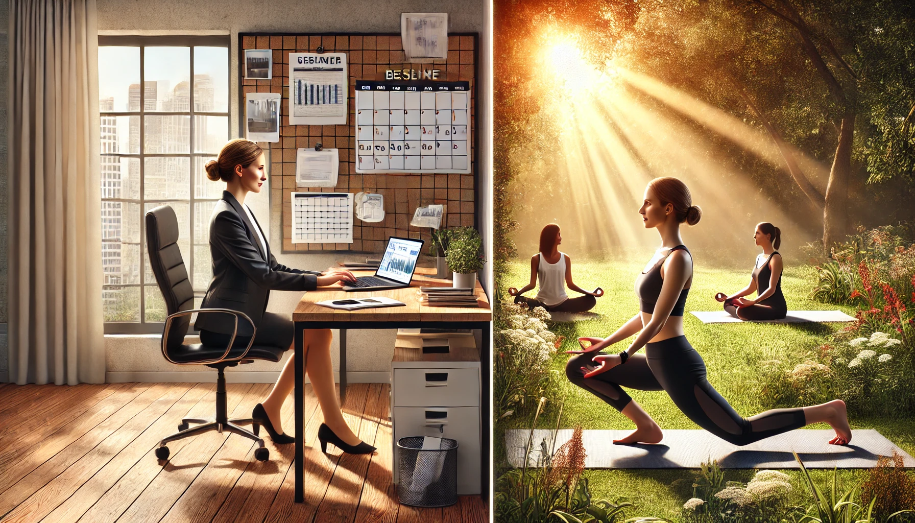 Uma imagem realista retratando o equilíbrio entre a vida profissional e pessoal. À esquerda, uma mulher em trajes de trabalho sentada em uma mesa de escritório moderno, concentrada em seu laptop, com um calendário e lista de tarefas visíveis. À direita, a mesma mulher, vestida de maneira casual, pratica yoga ao ar livre em um parque tranquilo, cercada por árvores e luz natural. As duas cenas são separadas por uma linha sutil, simbolizando o equilíbrio entre trabalho e vida pessoal.