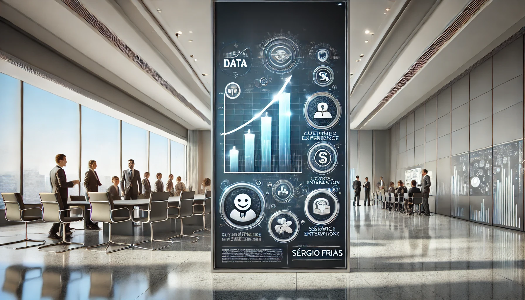 Banner retangular para um artigo de negócios com um design moderno, apresentando gráficos de crescimento e ícones de experiência do cliente em um fundo corporativo.