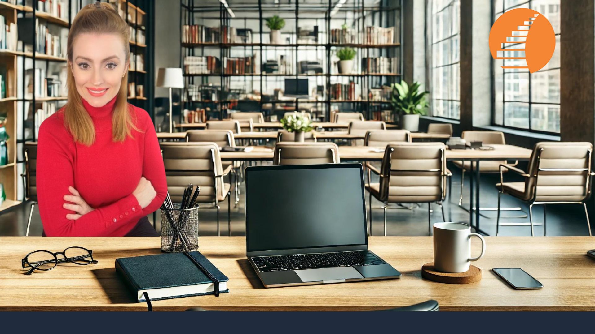 Imagem de um ambiente de escritório moderno com uma mesa em primeiro plano. A mesa possui um laptop, um caderno, uma xícara de café e alguns documentos organizados. Há um espaço claro no centro da mesa, ideal para a inserção de uma imagem de uma palestrante. Ao fundo, estantes com livros, plantas e suprimentos de escritório, com grandes janelas que deixam entrar luz natural.