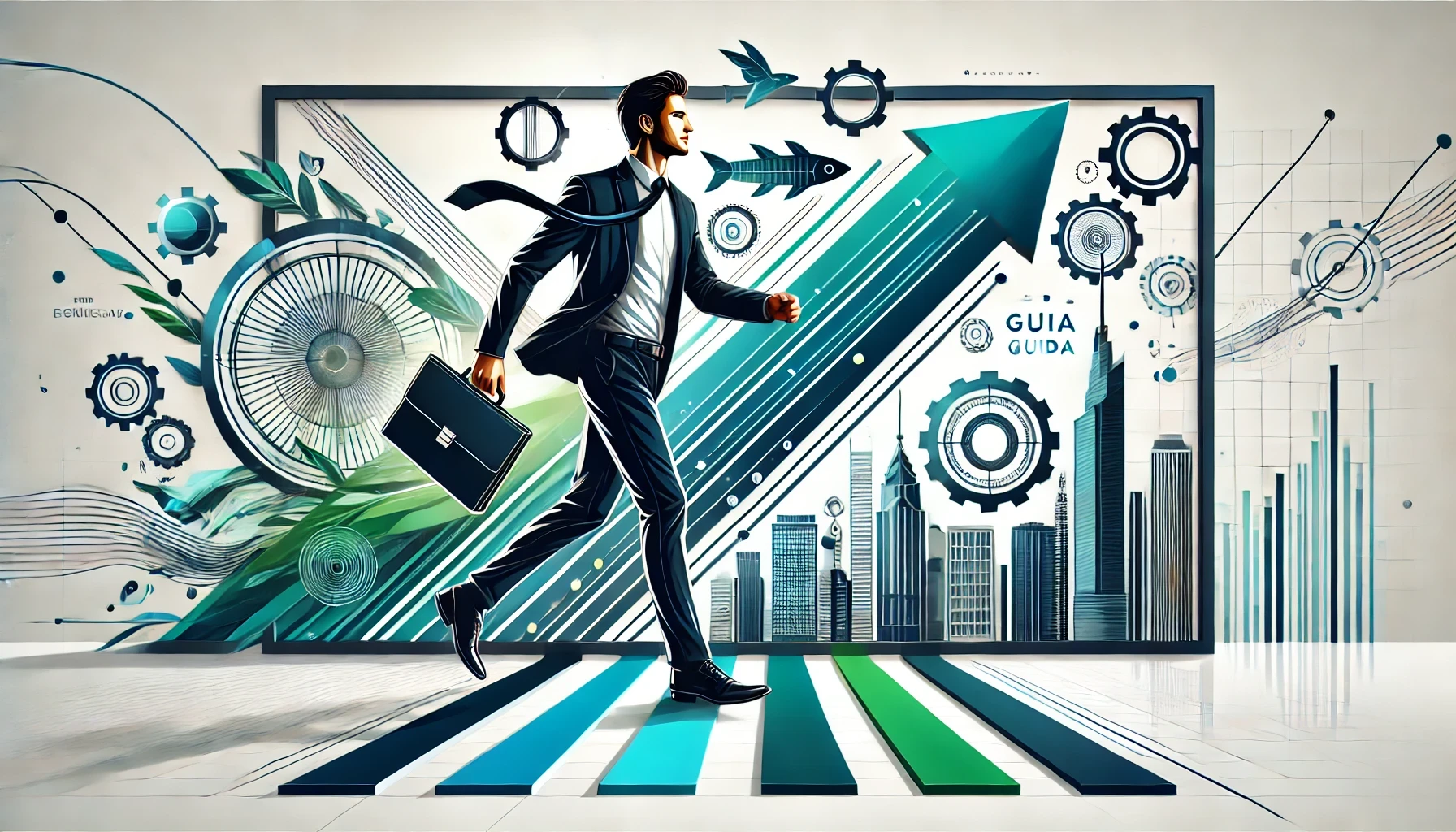 Imagem representando um profissional avançando com confiança, com símbolos de inovação e progresso no fundo, simbolizando liderança e prontidão para mudanças.