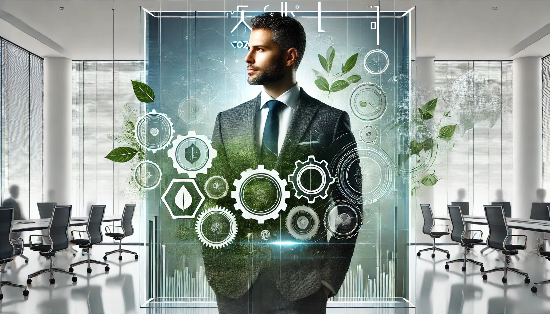 Imagem representando transparência na liderança sustentável, com líder empresarial à frente e símbolos ecológicos em segundo plano, refletindo ética e práticas responsáveis.