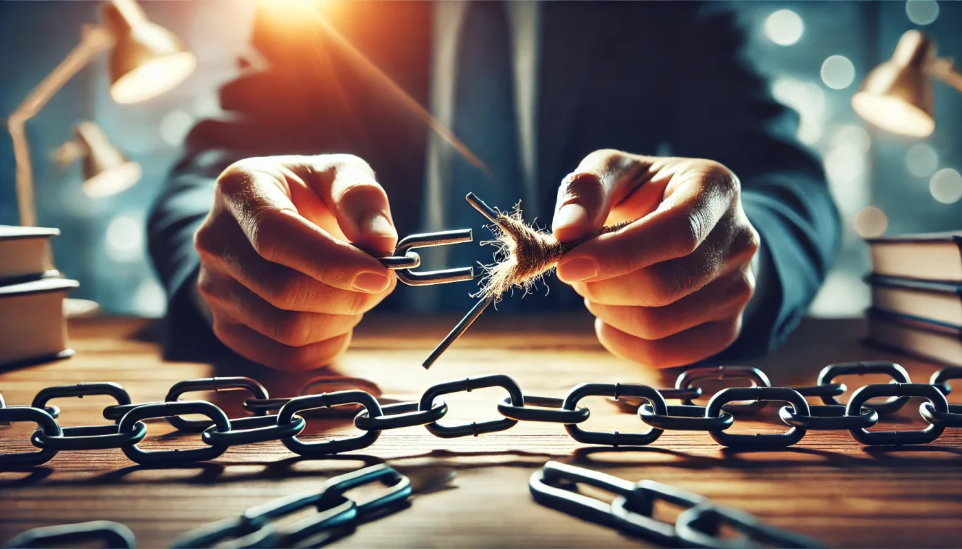 Close-up de mãos reparando um elo de corrente quebrado, simbolizando a superação de desafios na mediação de conflitos.