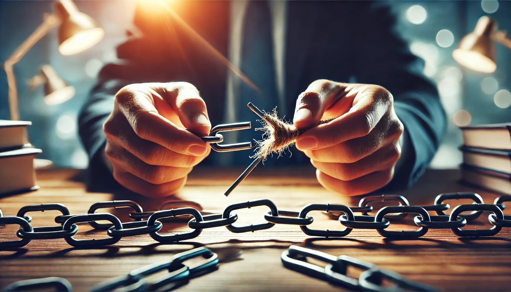 Close-up de mãos reparando um elo de corrente quebrado, simbolizando a superação de desafios na mediação de conflitos.