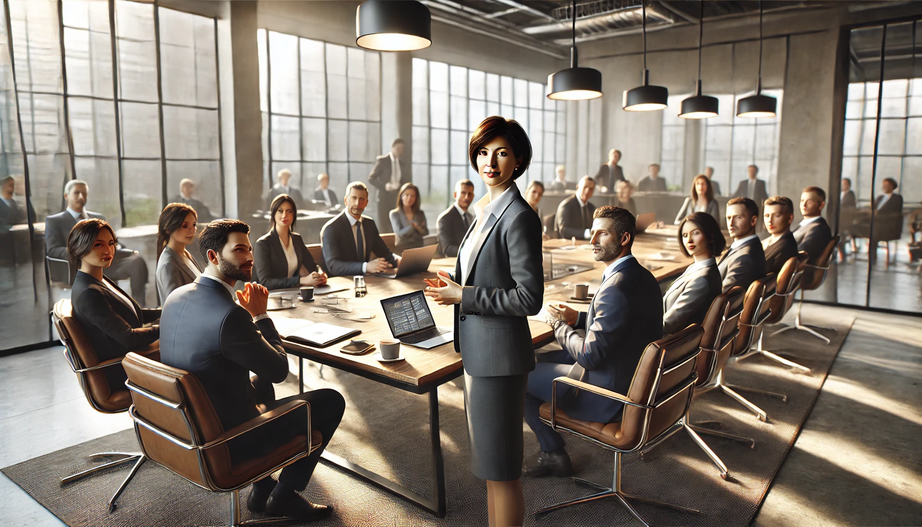 Gerente feminina liderando uma reunião colaborativa de equipe em um escritório moderno, exemplificando a inteligência emocional na gestão de pessoas.