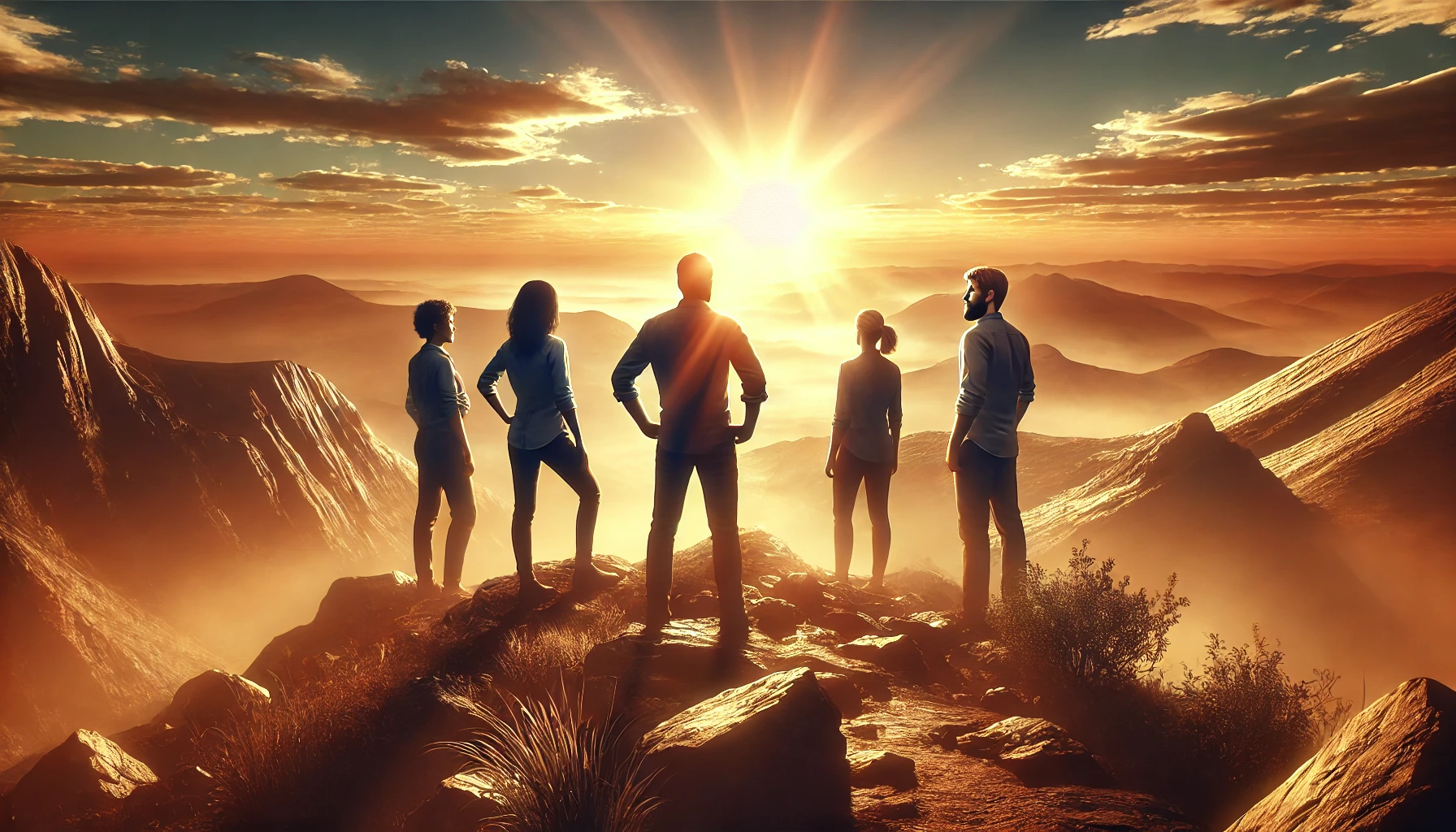 Imagem de cinco pessoas de pé em uma paisagem rochosa ao amanhecer, olhando para o sol nascente, simbolizando resiliência e superação de desafios.