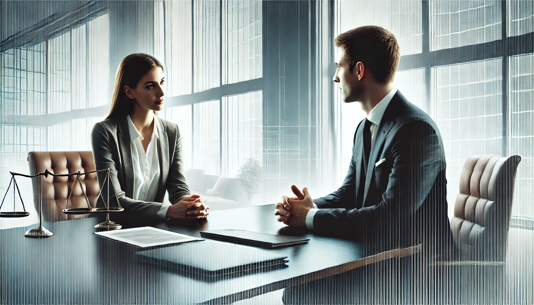 Um advogado e um cliente em uma reunião profissional em um escritório moderno. O advogado está ouvindo atentamente enquanto o cliente expressa suas preocupações. Ambos estão sentados em uma mesa elegante com documentos e um laptop aberto. Ao fundo, há grandes janelas com vista para uma paisagem urbana.