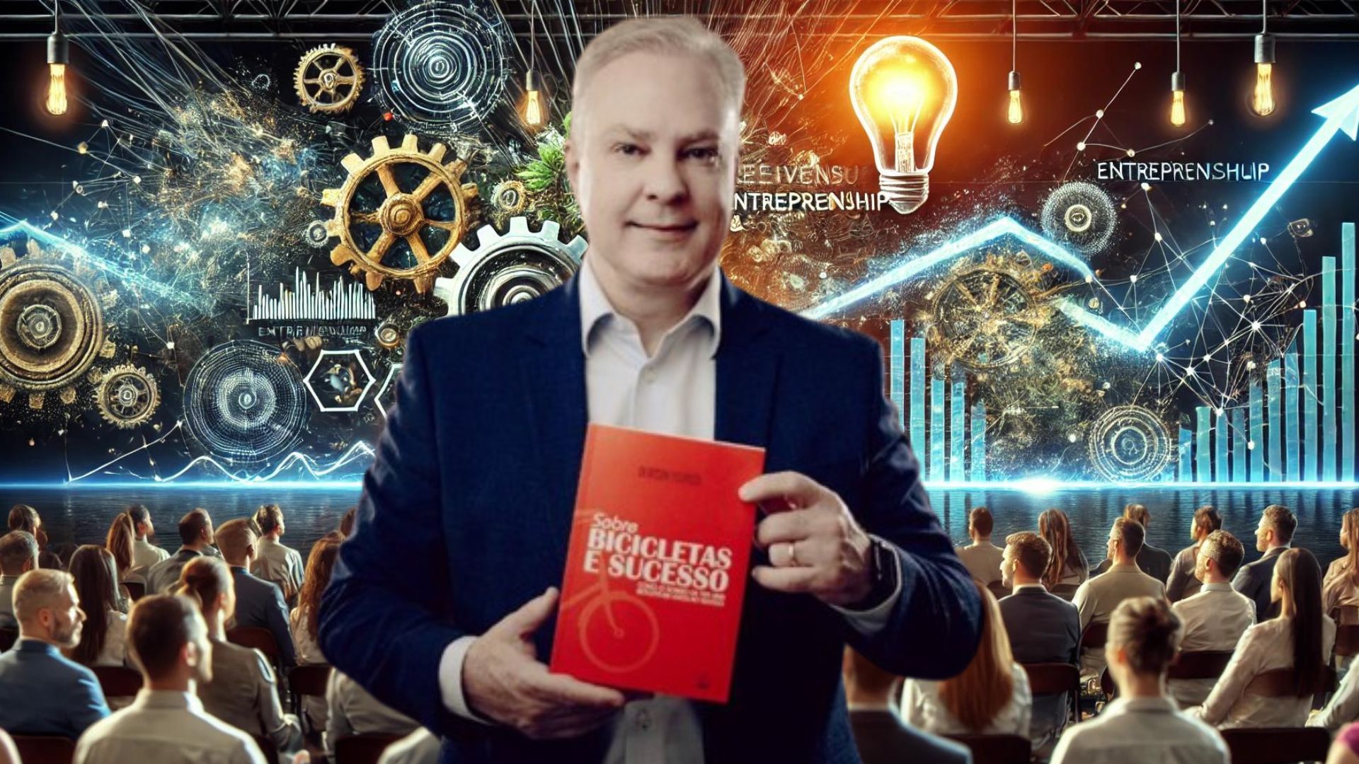 Deivison Pedroza palestrando sobre empreendedorismo e resiliência, com um fundo dinâmico que inclui elementos visuais de inovação e crescimento, como engrenagens abstratas, gráficos ascendentes e lâmpadas acesas.