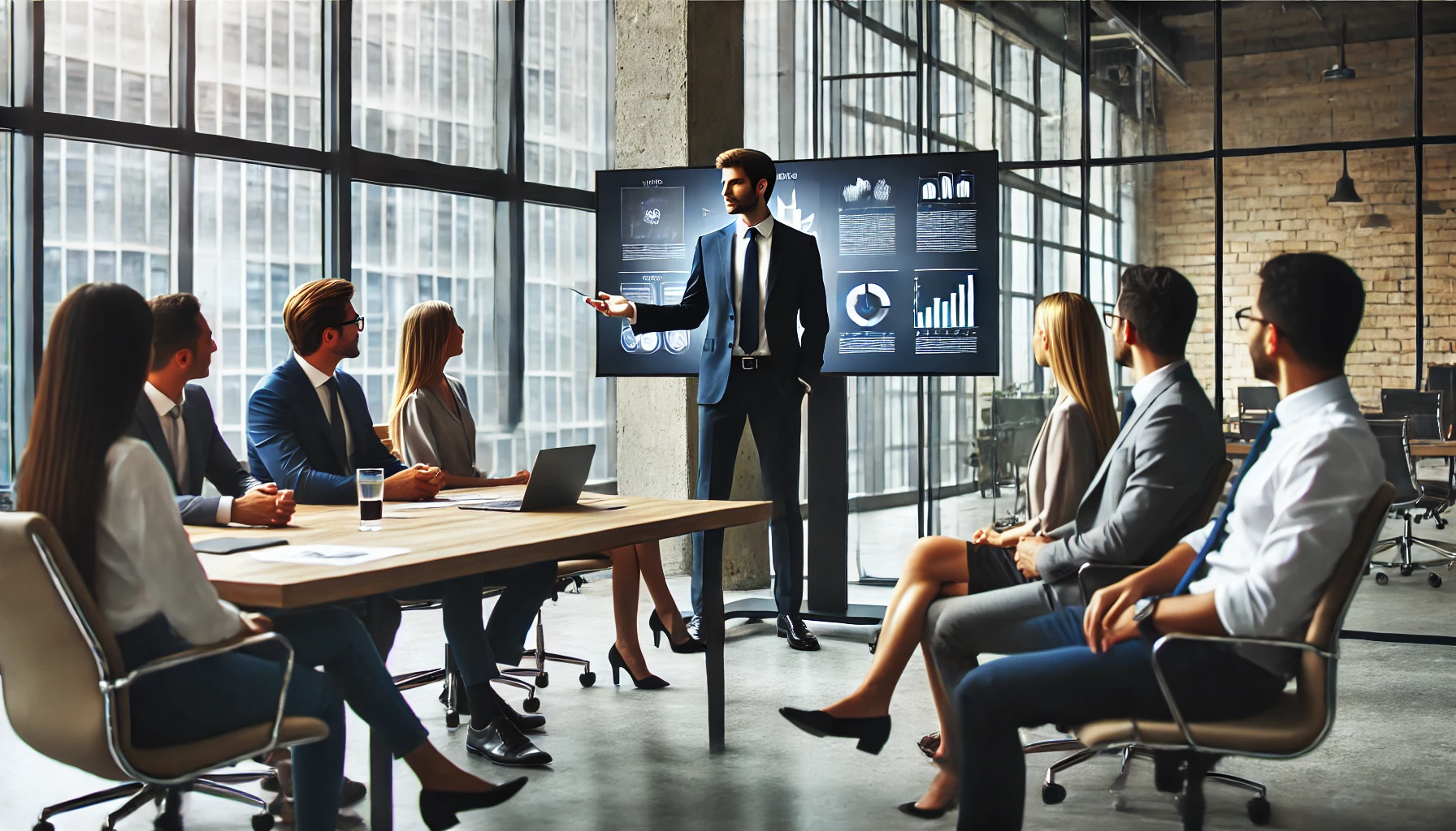 Líder corporativo apresentando a uma equipe diversa em um ambiente de escritório moderno, com grandes janelas ao fundo.