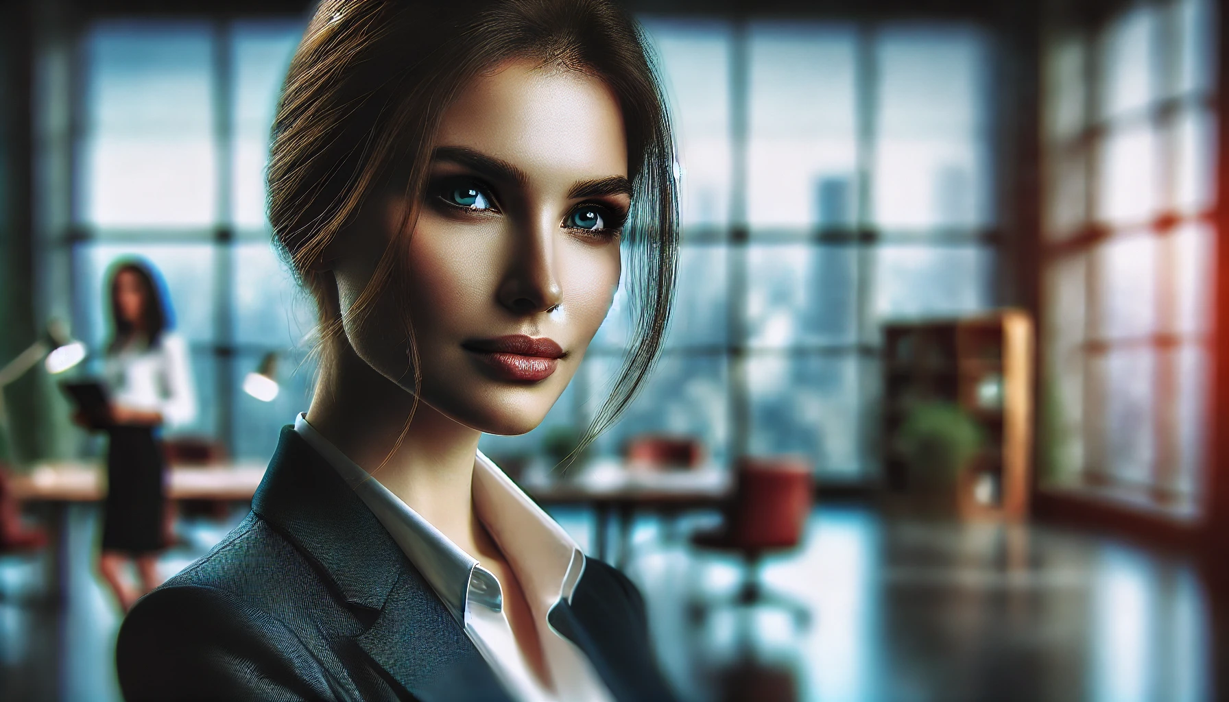 lose-up cinematográfica de uma mulher profissional confiante em um escritório moderno, com cores vivas e estética apurada, destacando sua postura e vestimenta profissional. O ambiente ao fundo é organizado, com uma grande janela e vista para a cidade, reforçando a ideia de autoimagem e posicionamento profissional no local de trabalho.