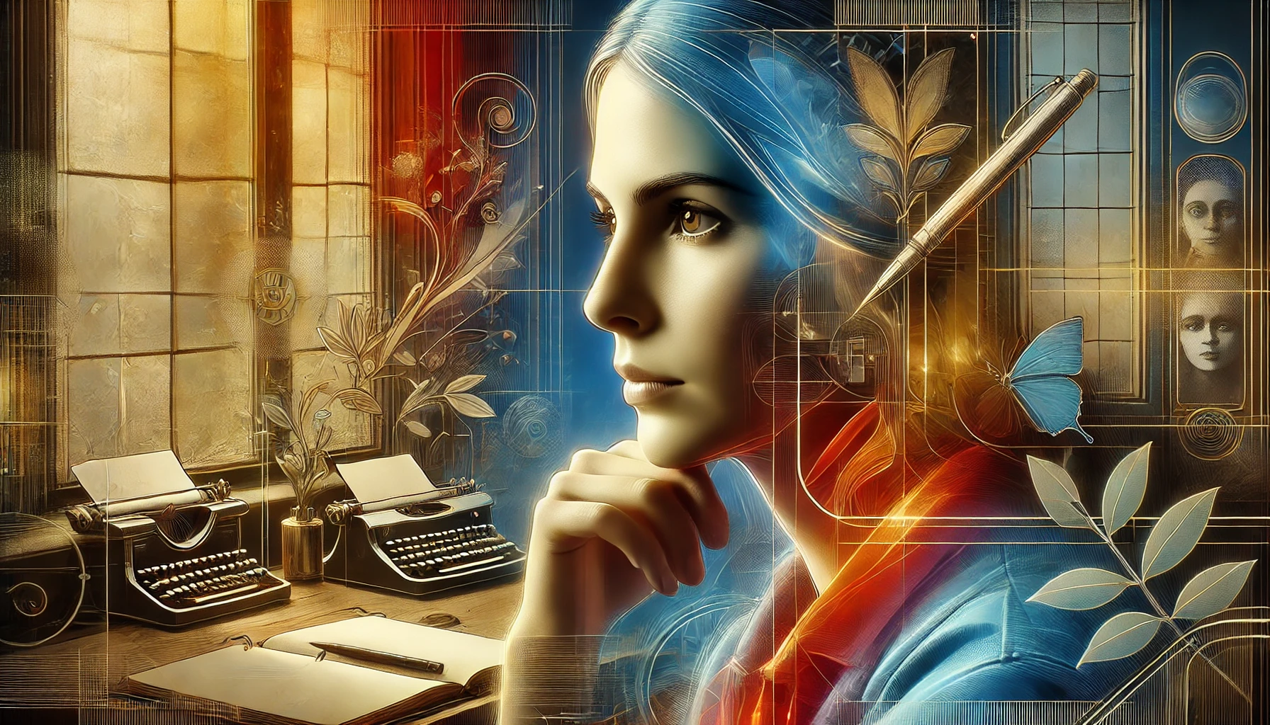 Close-up cinematográfico de uma mulher em profunda contemplação, simbolizando a busca por propósito na vida. Ela está sentada em um ambiente sereno e esteticamente refinado, com cores vibrantes que evocam calma e introspecção. Ao fundo, há um caderno e uma janela com luz natural, sugerindo reflexão e conexão com o eu interior.