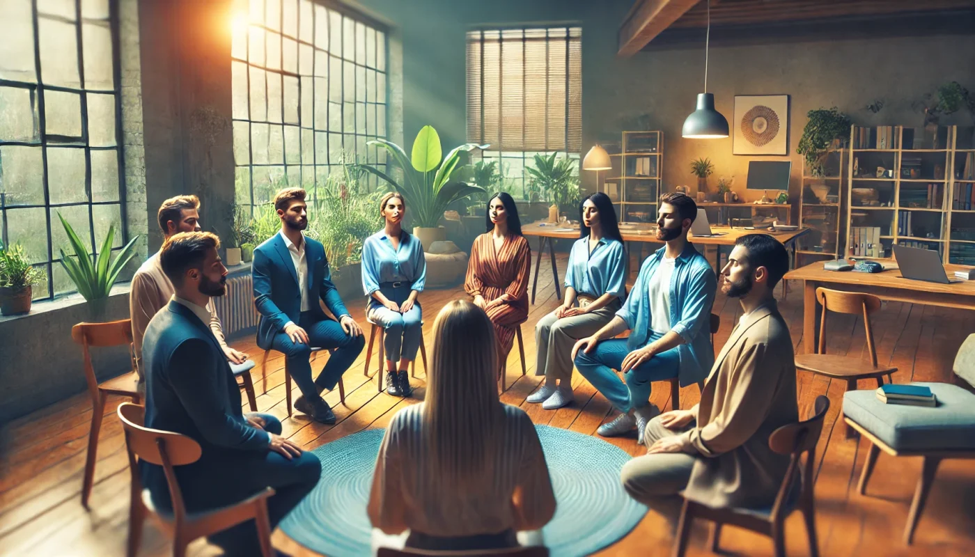 Close-up cinematográfico de uma equipe corporativa participando de um workshop de mindfulness, sentados em círculo em um ambiente tranquilo, com cores vibrantes e uma estética refinada. O cenário é iluminado por luz natural, promovendo a sensação de bem-estar e relaxamento.