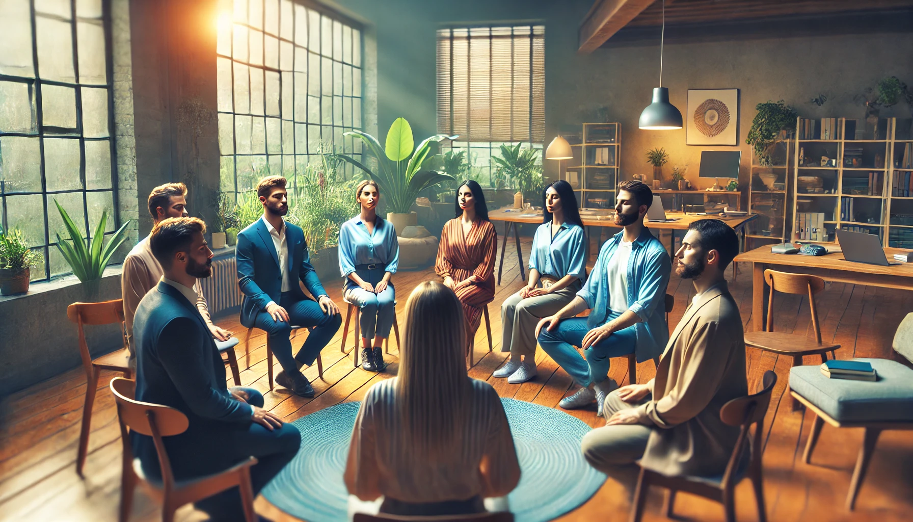 Close-up cinematográfico de uma equipe corporativa participando de um workshop de mindfulness, sentados em círculo em um ambiente tranquilo, com cores vibrantes e uma estética refinada. O cenário é iluminado por luz natural, promovendo a sensação de bem-estar e relaxamento.
