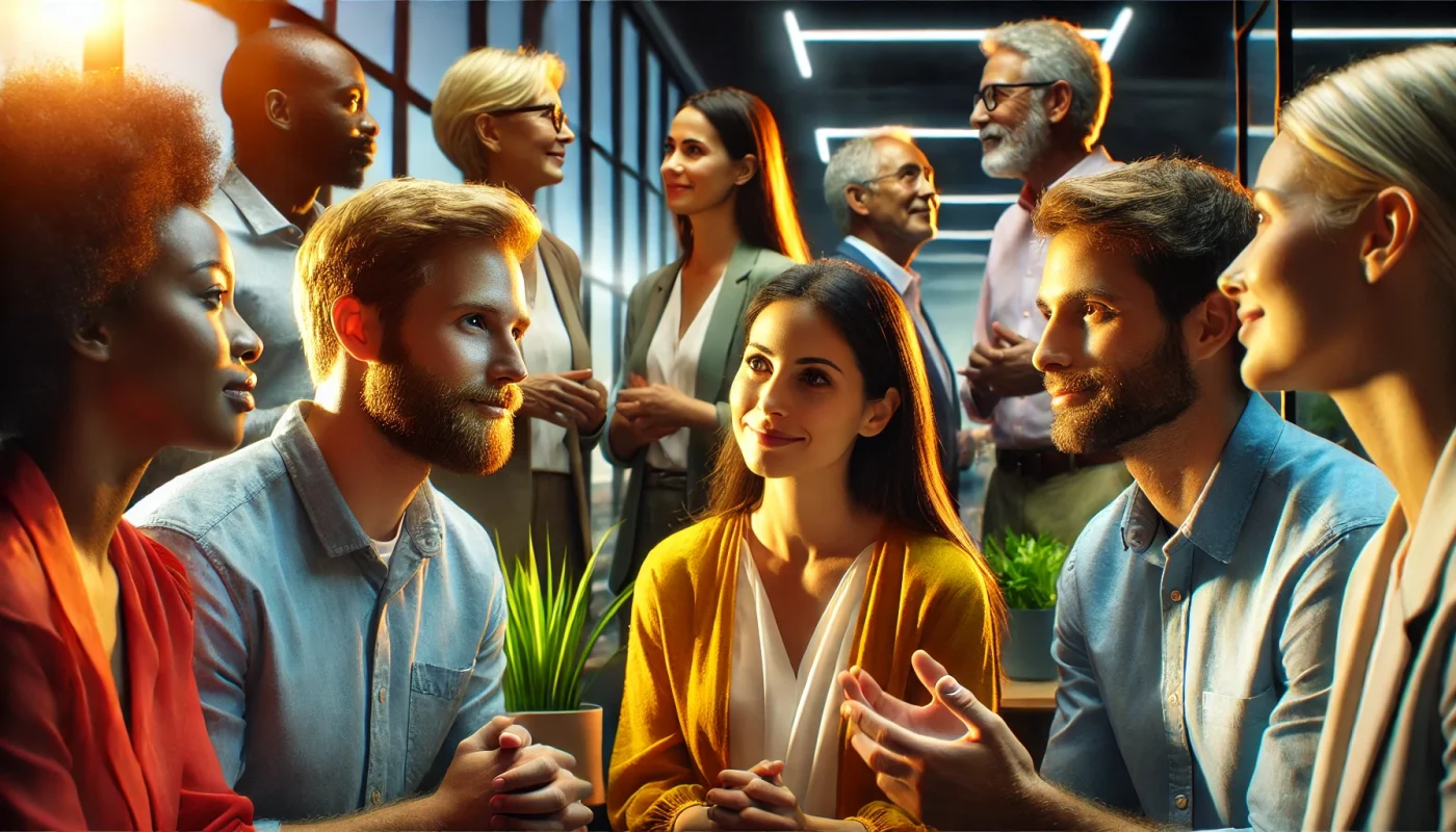 Um grupo diversificado de profissionais em um escritório moderno, envolvidos em uma conversa profunda, demonstrando empatia, escuta ativa e inteligência emocional, destacando a importância da inteligência emocional no trabalho.