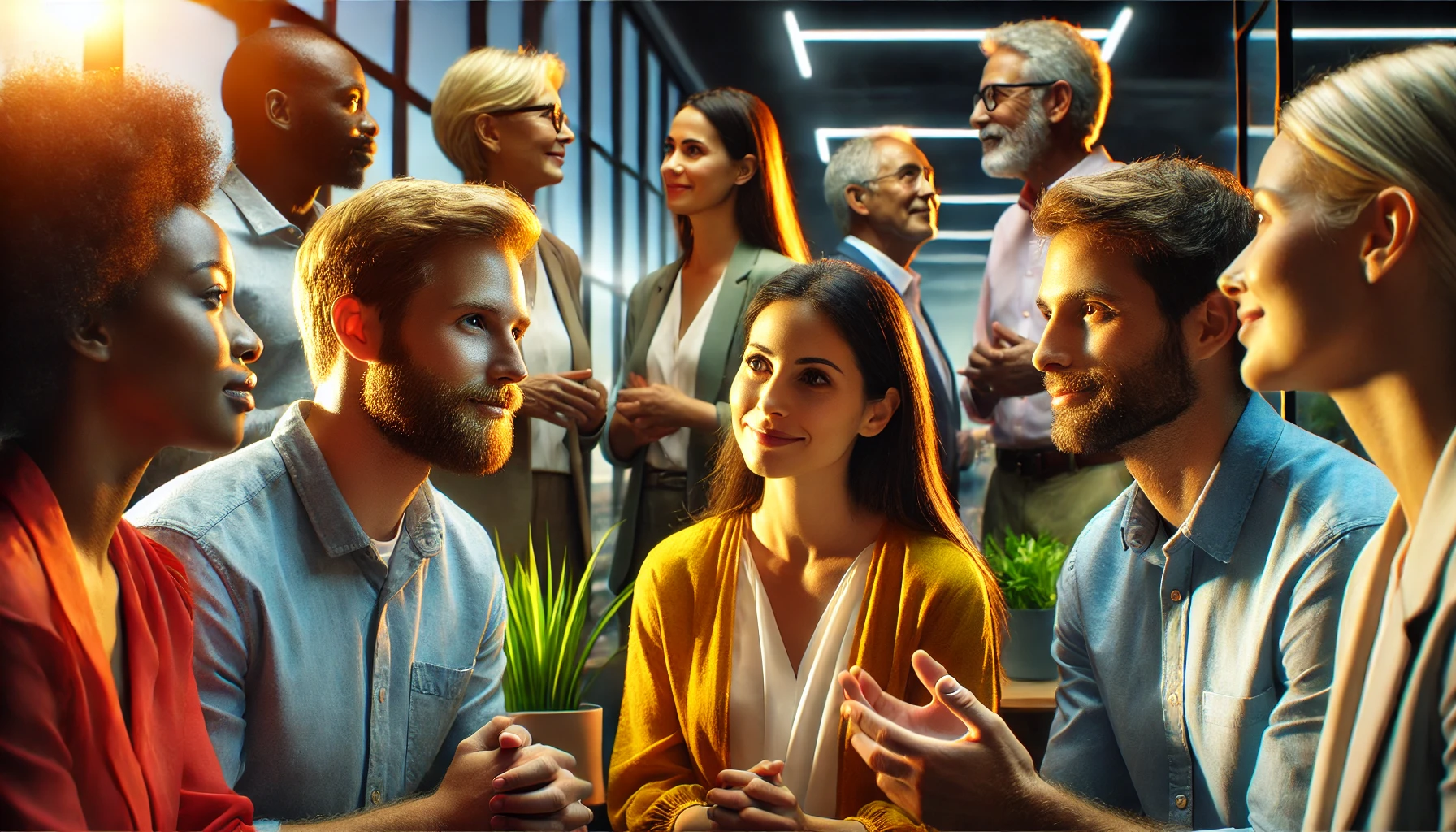 Um grupo diversificado de profissionais em um escritório moderno, envolvidos em uma conversa profunda, demonstrando empatia, escuta ativa e inteligência emocional, destacando a importância da inteligência emocional no trabalho.
