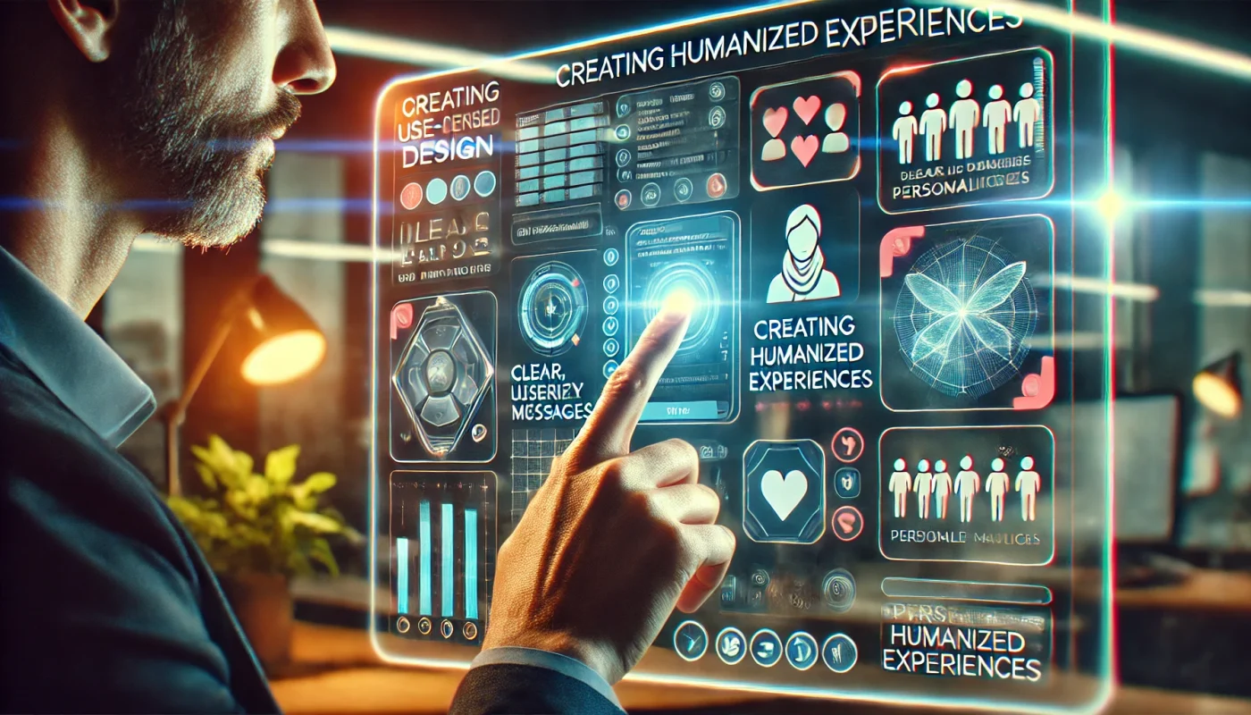 Um profissional utilizando uma interface digital intuitiva e humanizada, destacando a importância de criar experiências humanizadas que respeitam e valorizam o cliente como indivíduo.