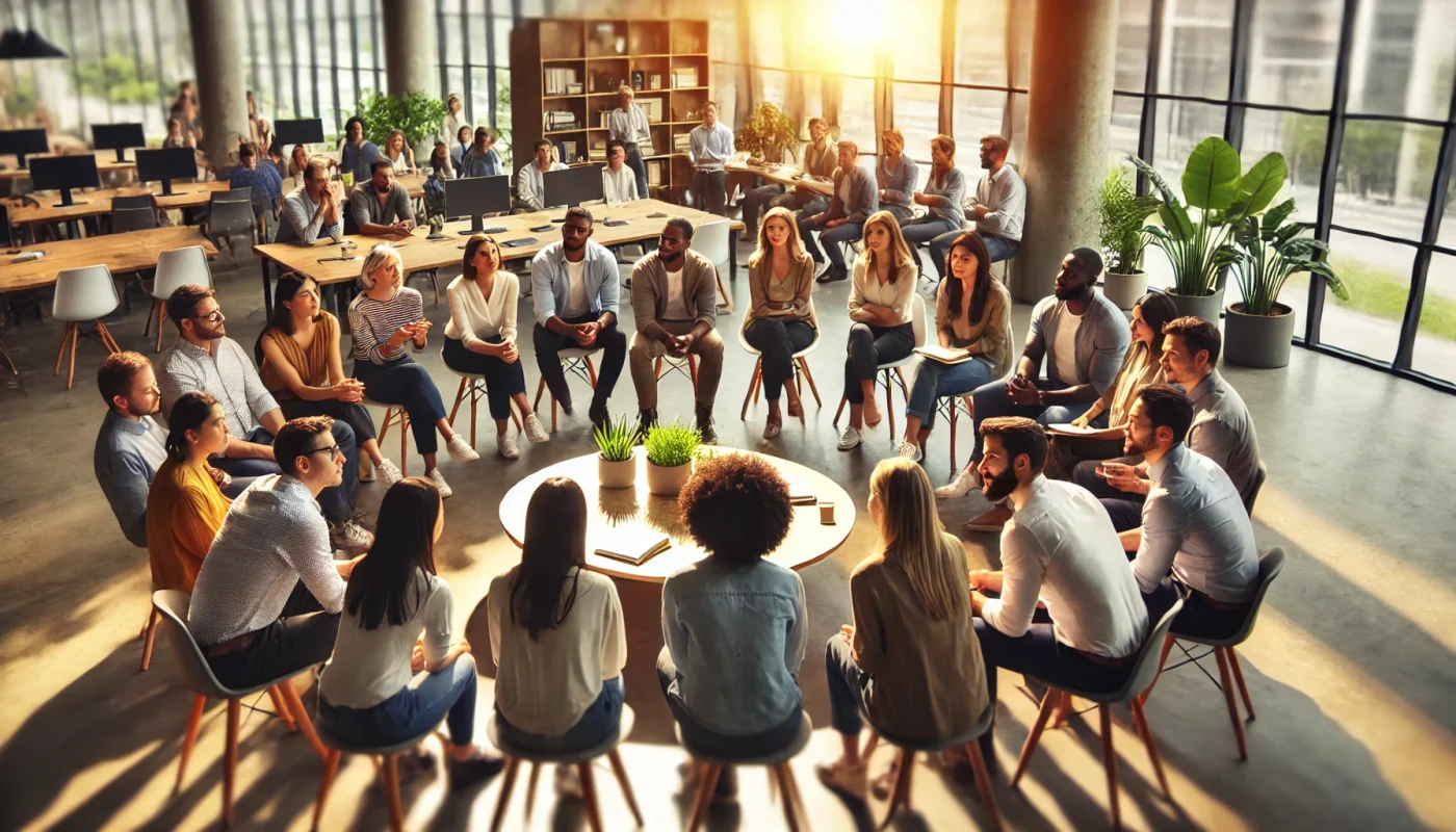 Grupo diverso de pessoas participando de uma sessão sobre educação em valores humanos em um escritório moderno, promovendo colaboração e transformação organizacional.