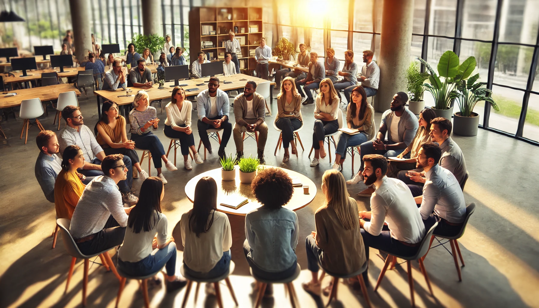 Grupo diverso de pessoas participando de uma sessão sobre educação em valores humanos em um escritório moderno, promovendo colaboração e transformação organizacional.