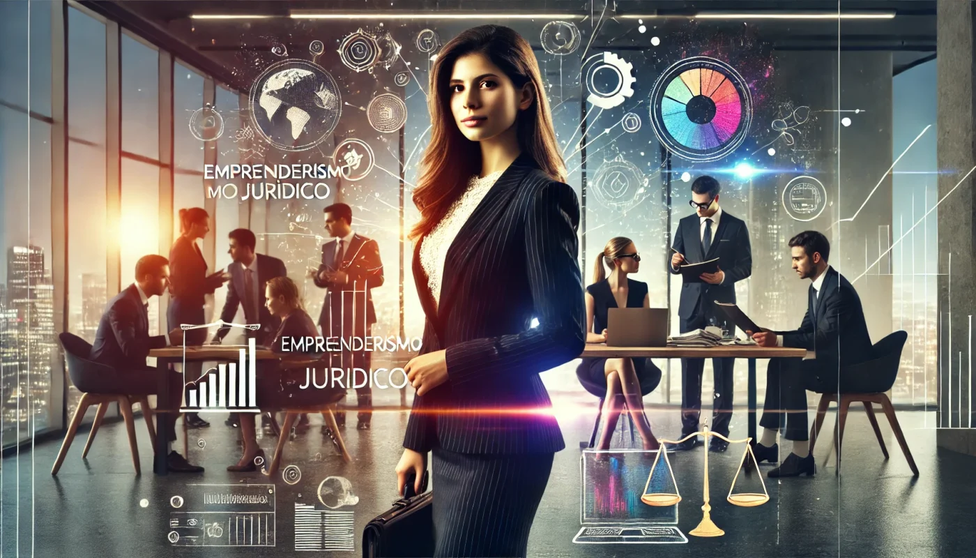Advogada confiante em um escritório moderno, simbolizando o empreendedorismo jurídico e a integração de habilidades empresariais na advocacia.