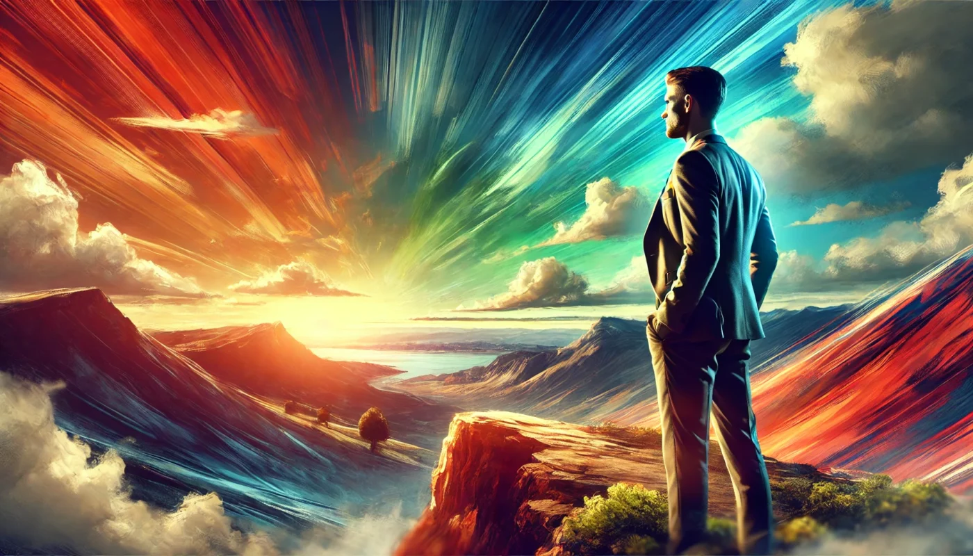 Um close cinematográfico de uma pessoa confiante no topo de um penhasco, observando o horizonte com uma expressão de foco. O céu é amplo e vibrante, com cores vivas de azul e laranja, simbolizando a clareza de objetivos e visão de futuro. O cenário dramático de montanhas e nuvens reforça a ideia de profundidade e perspectiva.