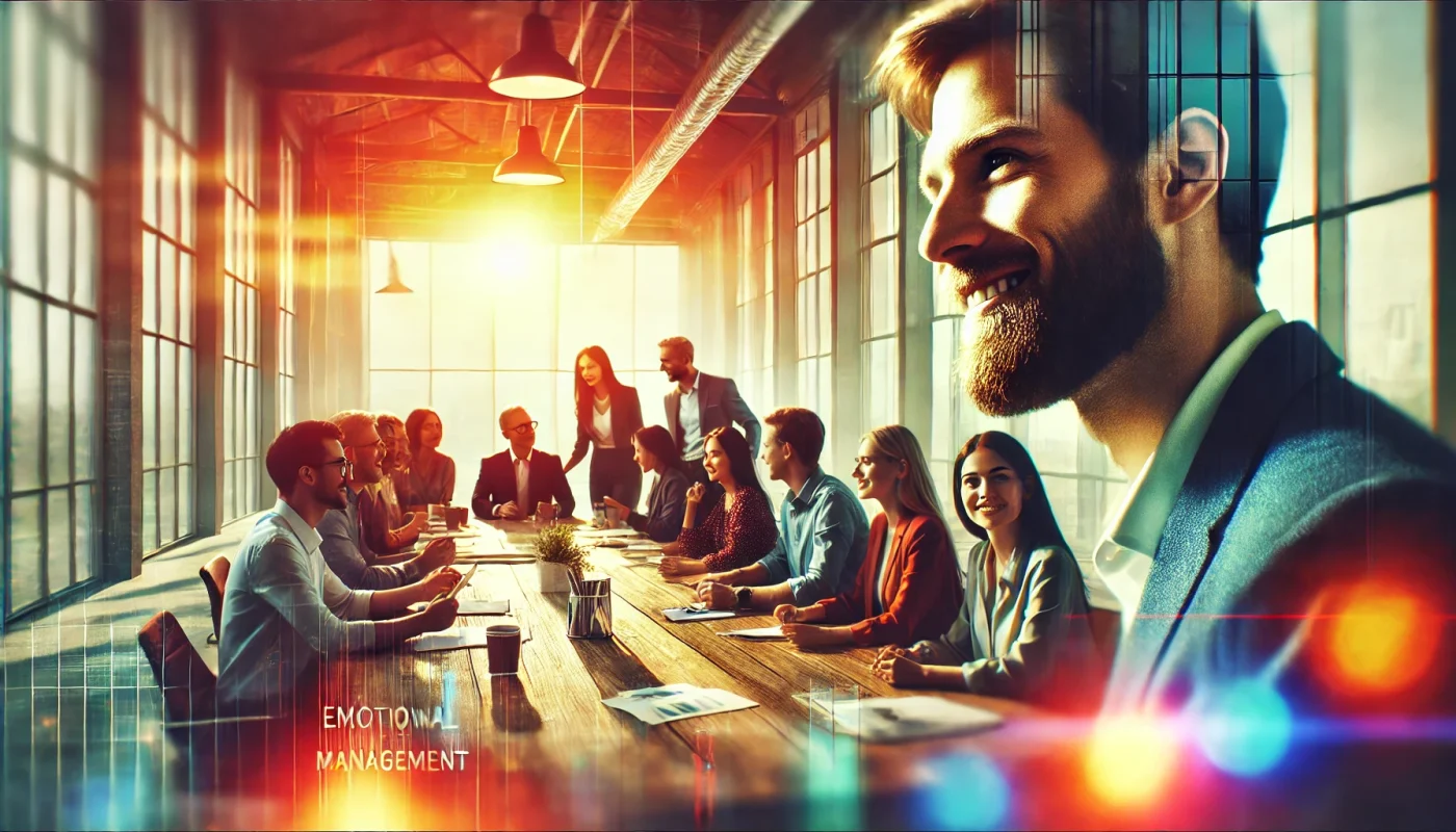 Equipe colaborando em ambiente de trabalho moderno, refletindo produtividade e gestão emocional.