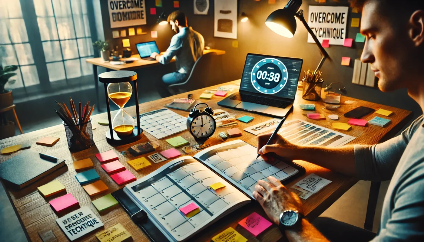 Vista de cima de um espaço de escritório moderno com uma grande mesa coberta por notas adesivas coloridas e um planejador aberto. Uma mão está escrevendo no planejador, enquanto ao fundo uma pessoa trabalha em um laptop, simbolizando um ambiente produtivo e organizado.