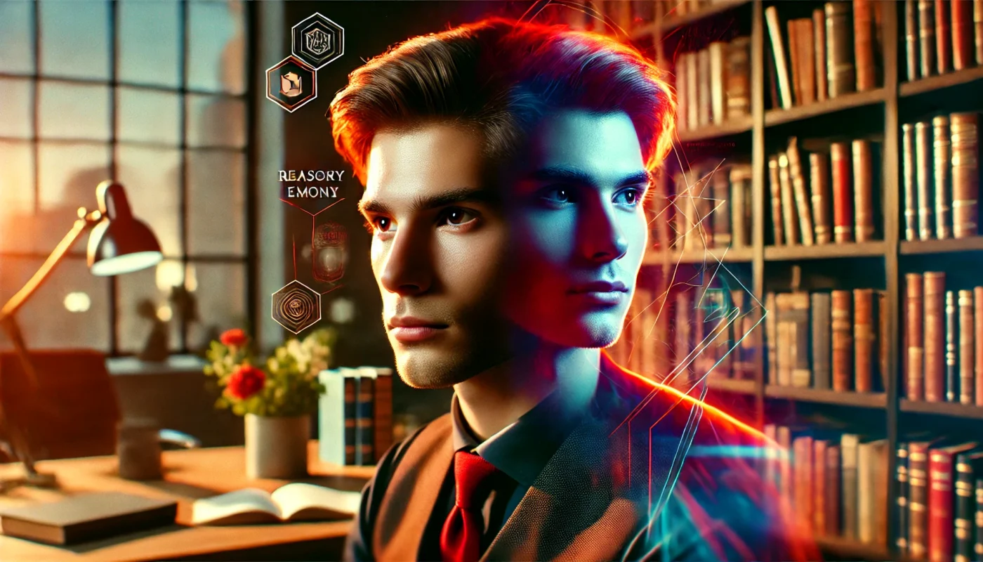 Empreendedor jovem, em close cinematográfico, refletindo profundamente em um escritório moderno, cercado por livros de Filosofia e Psicologia, representando o equilíbrio entre razão e emoção.