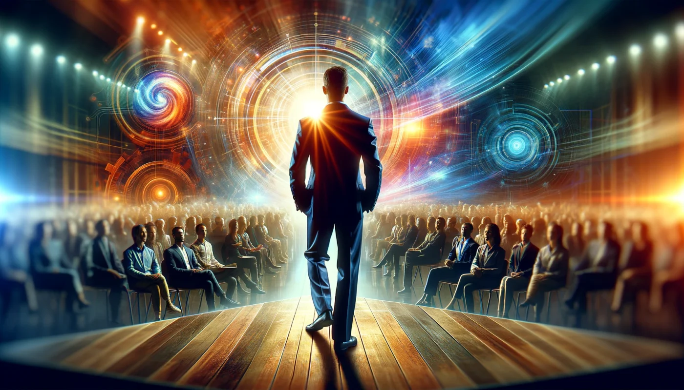 Um close cinematográfico de um palestrante engajado em uma apresentação, com um público atento e um cenário moderno e inovador ao fundo. As cores vibrantes ressaltam a importância do foco no cliente nas estratégias de marketing.